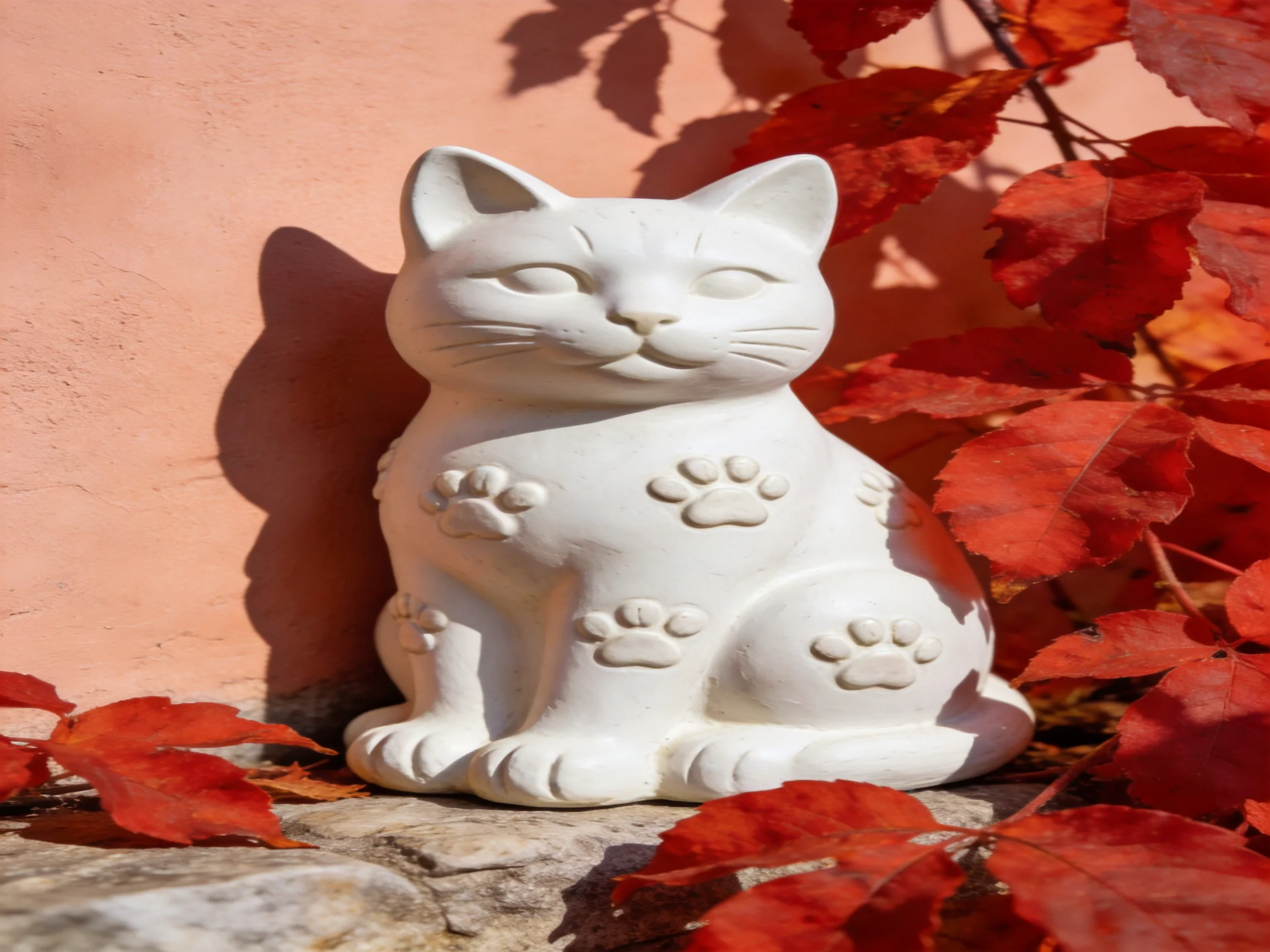 A white cat figurine with paw prints near red autumn leaves