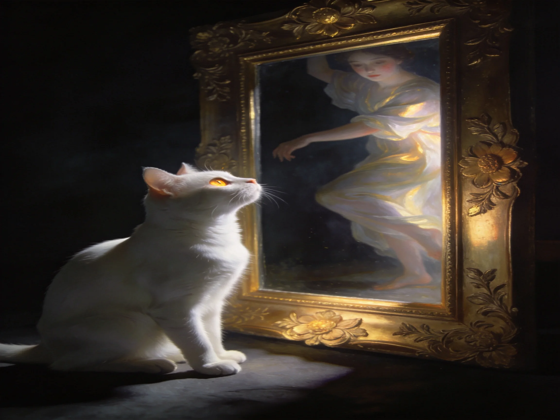 A white cat gazes at an ornate golden-framed portrait