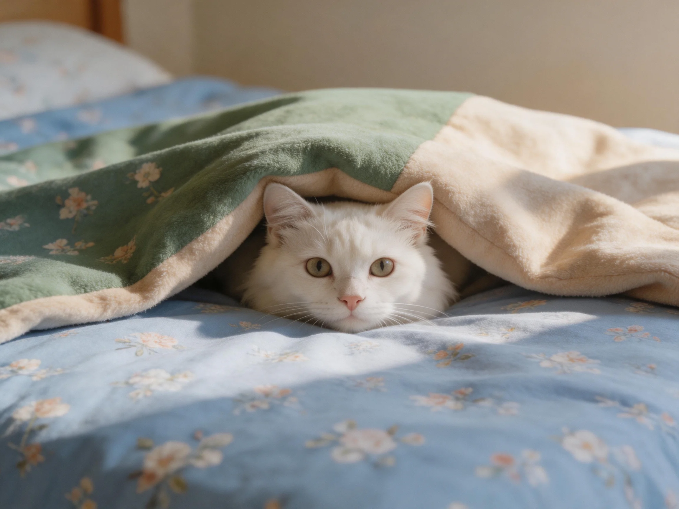 A white cat hides under a two-colored blanket on a blue floral bedspread