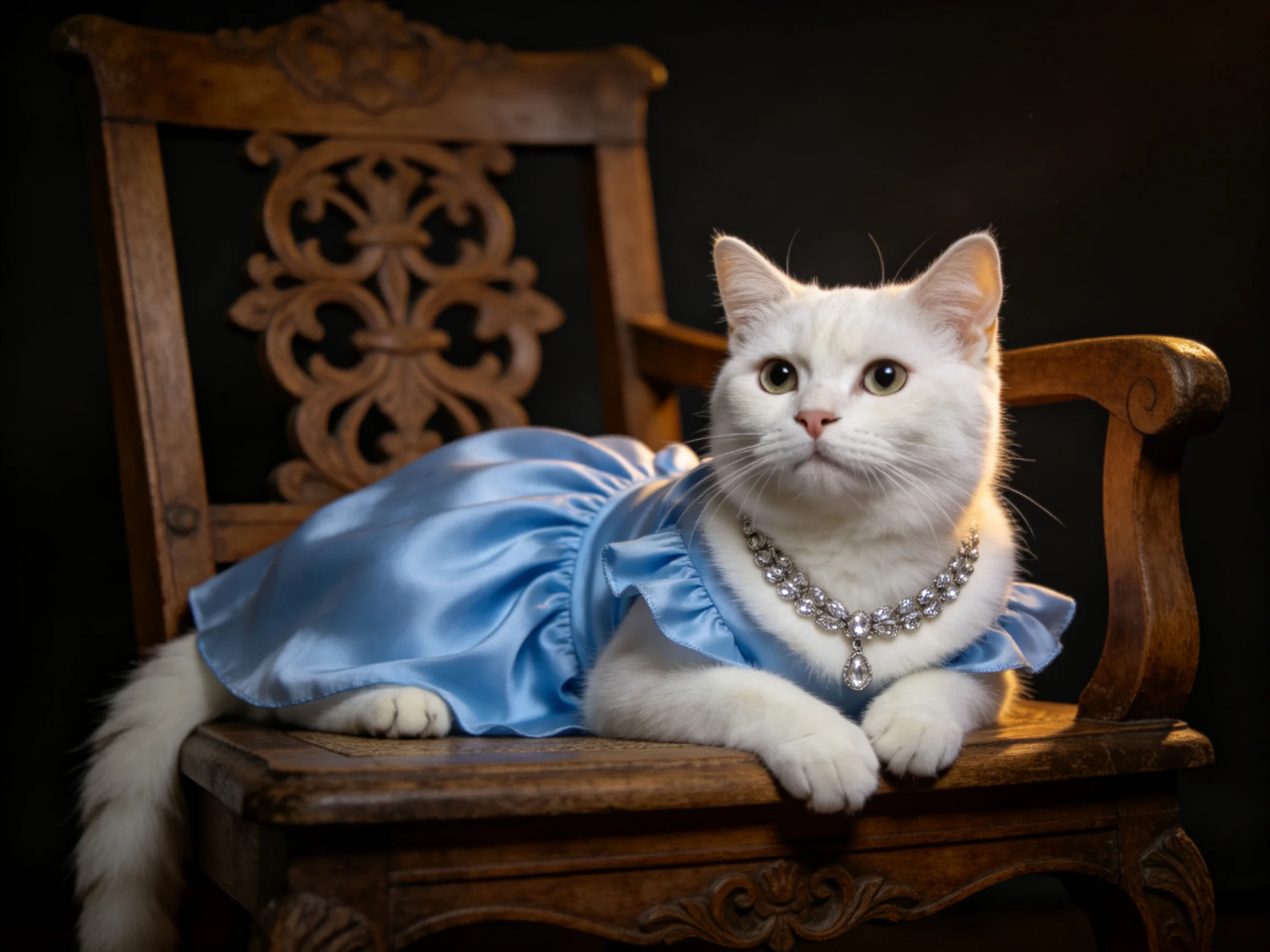 A white cat in a blue satin dress on an ornate wooden chair