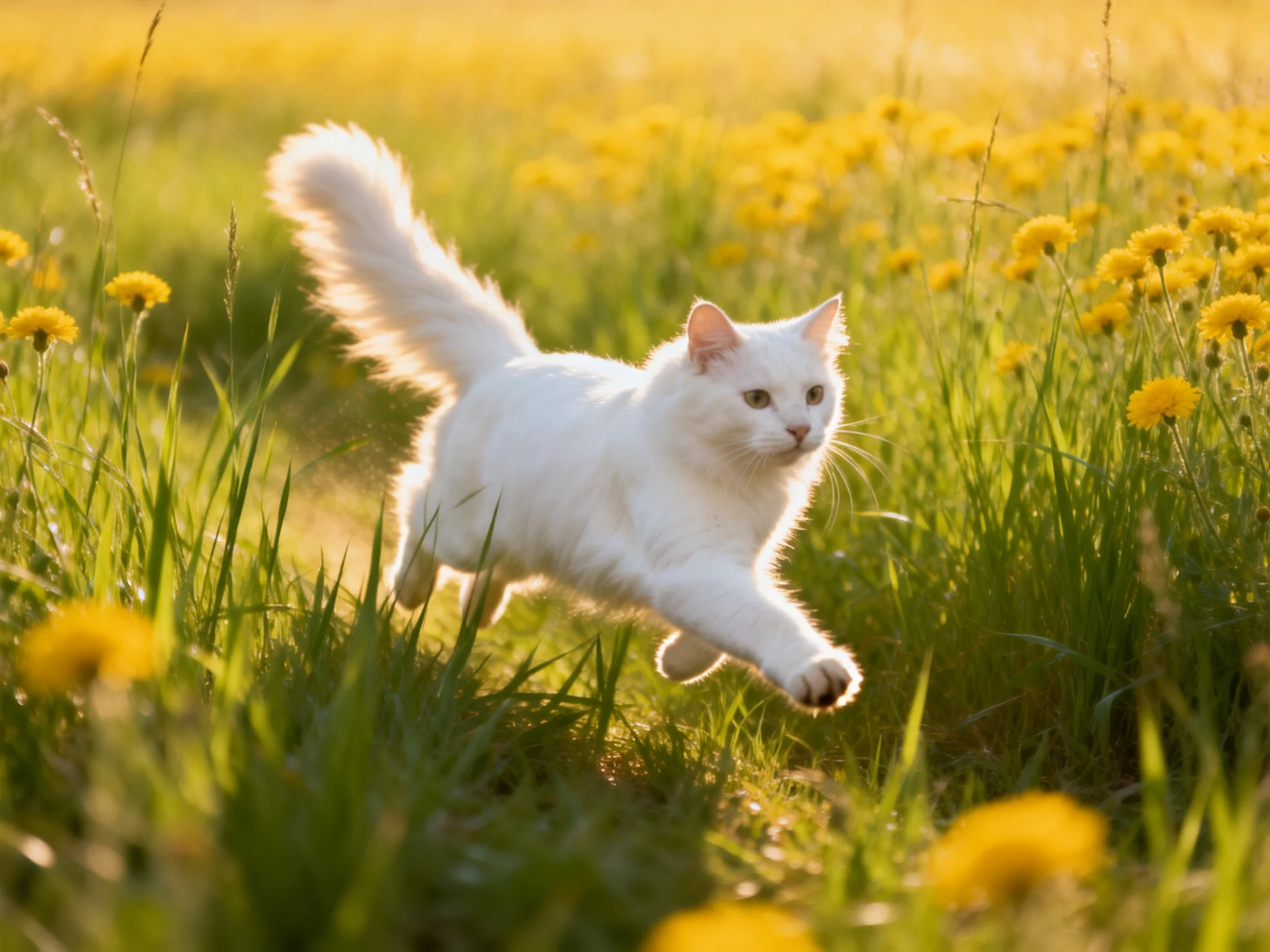 A white cat runs through a sunlit meadow with yellow flowers and green grass.