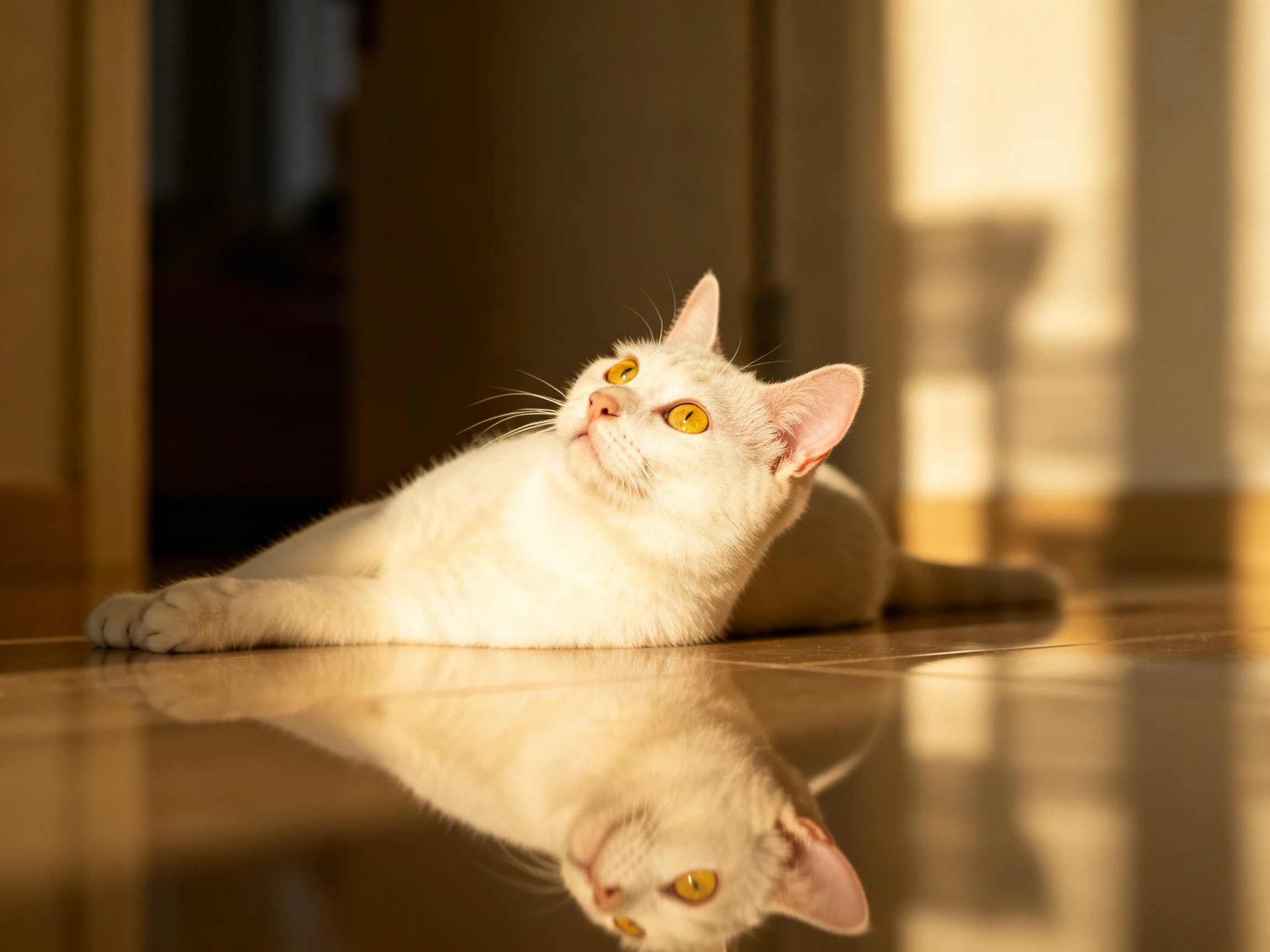 A white cat lies on a reflective floor under warm light
