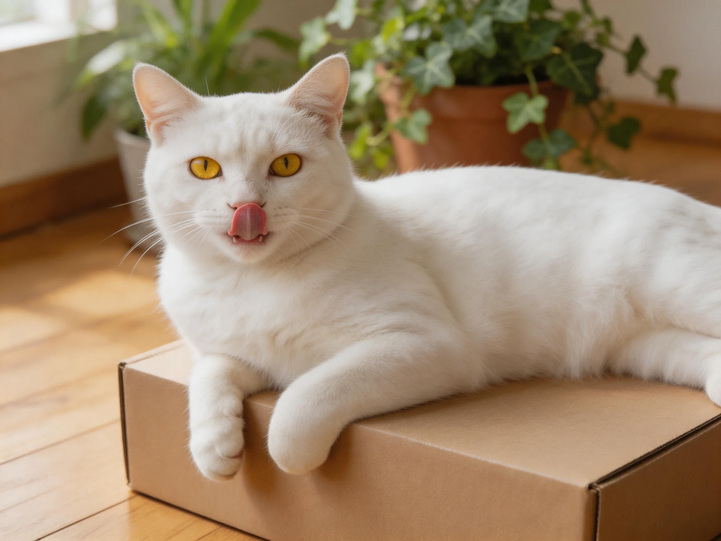 A white cat lounges on a brown cardboard box near green potted plants