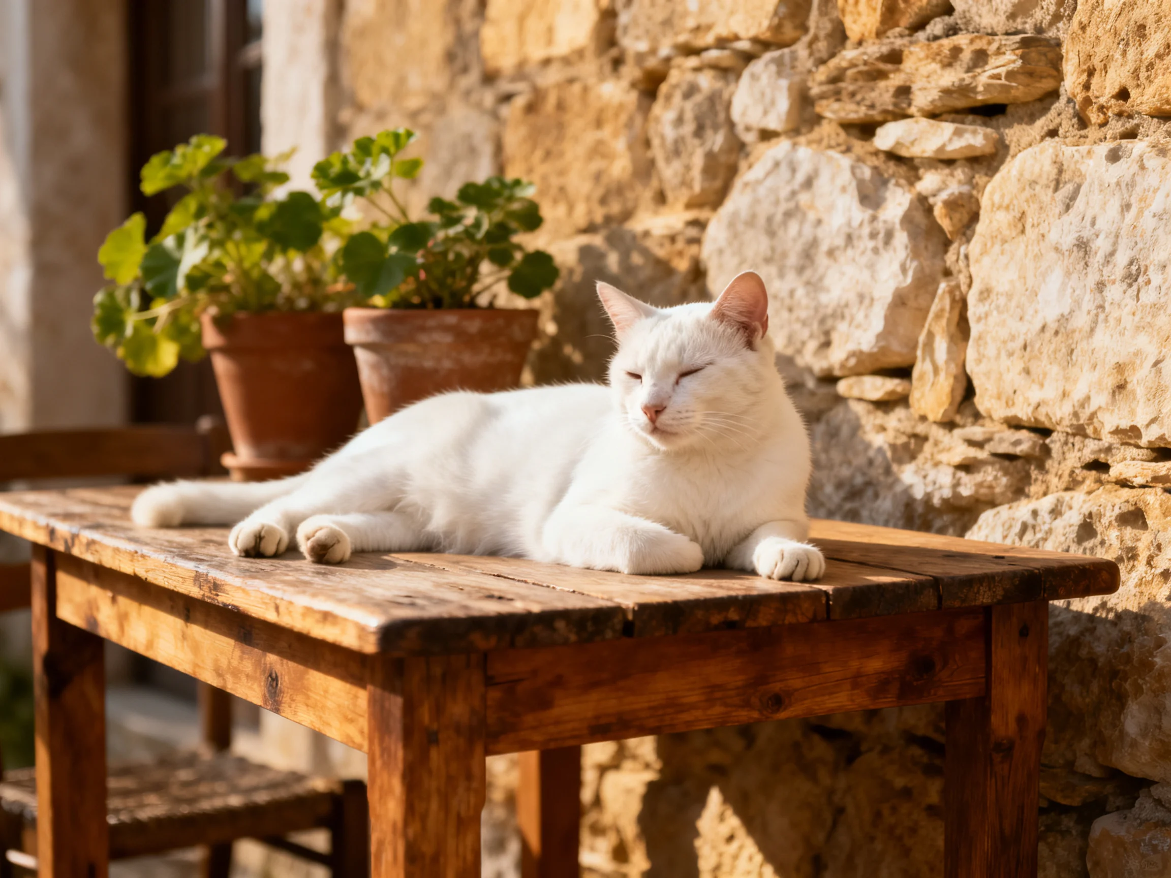 A white cat rests on a wooden table next to stone walls and potted plants.