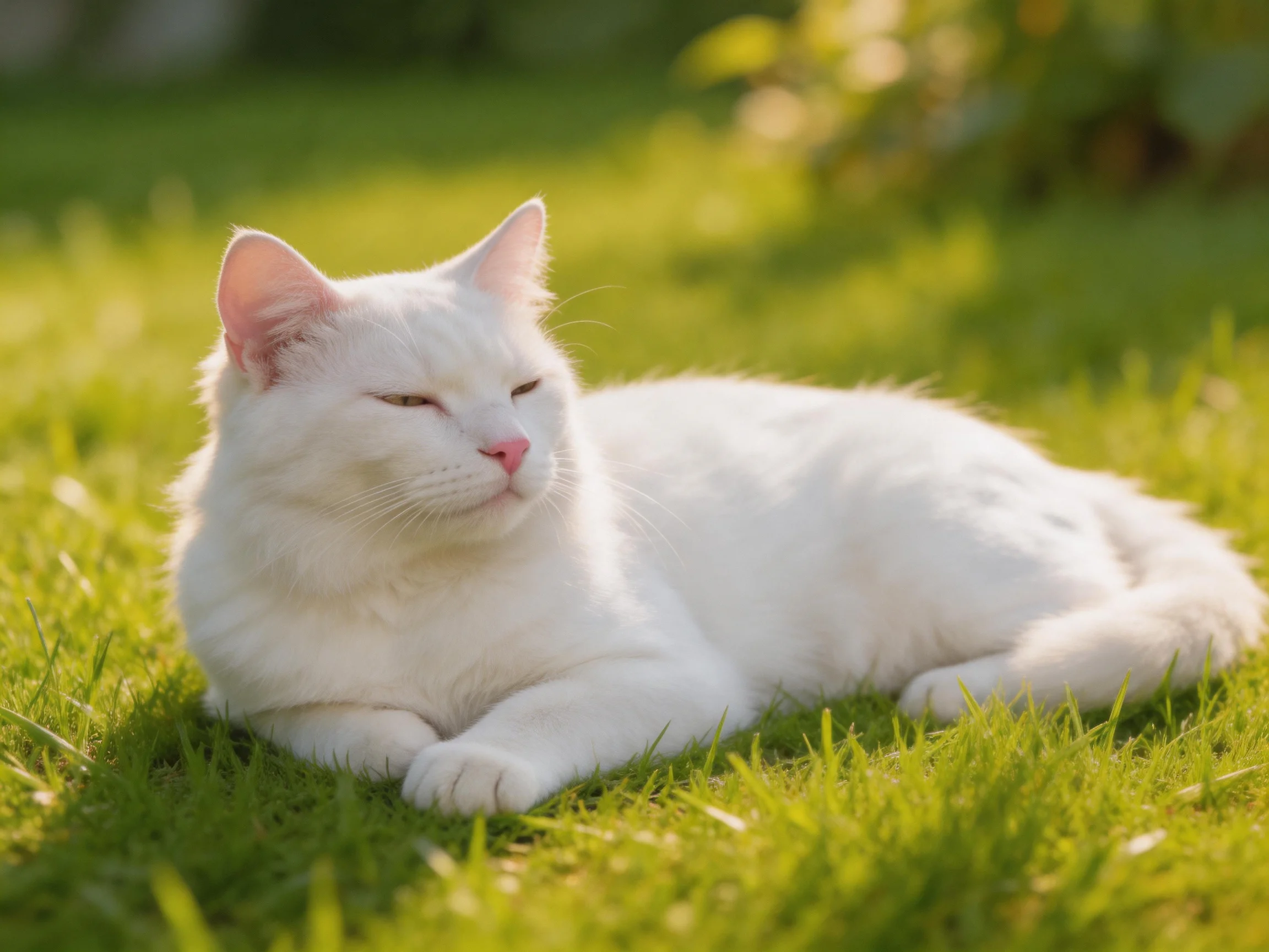 A white cat lounging on green grass in bright sunlight