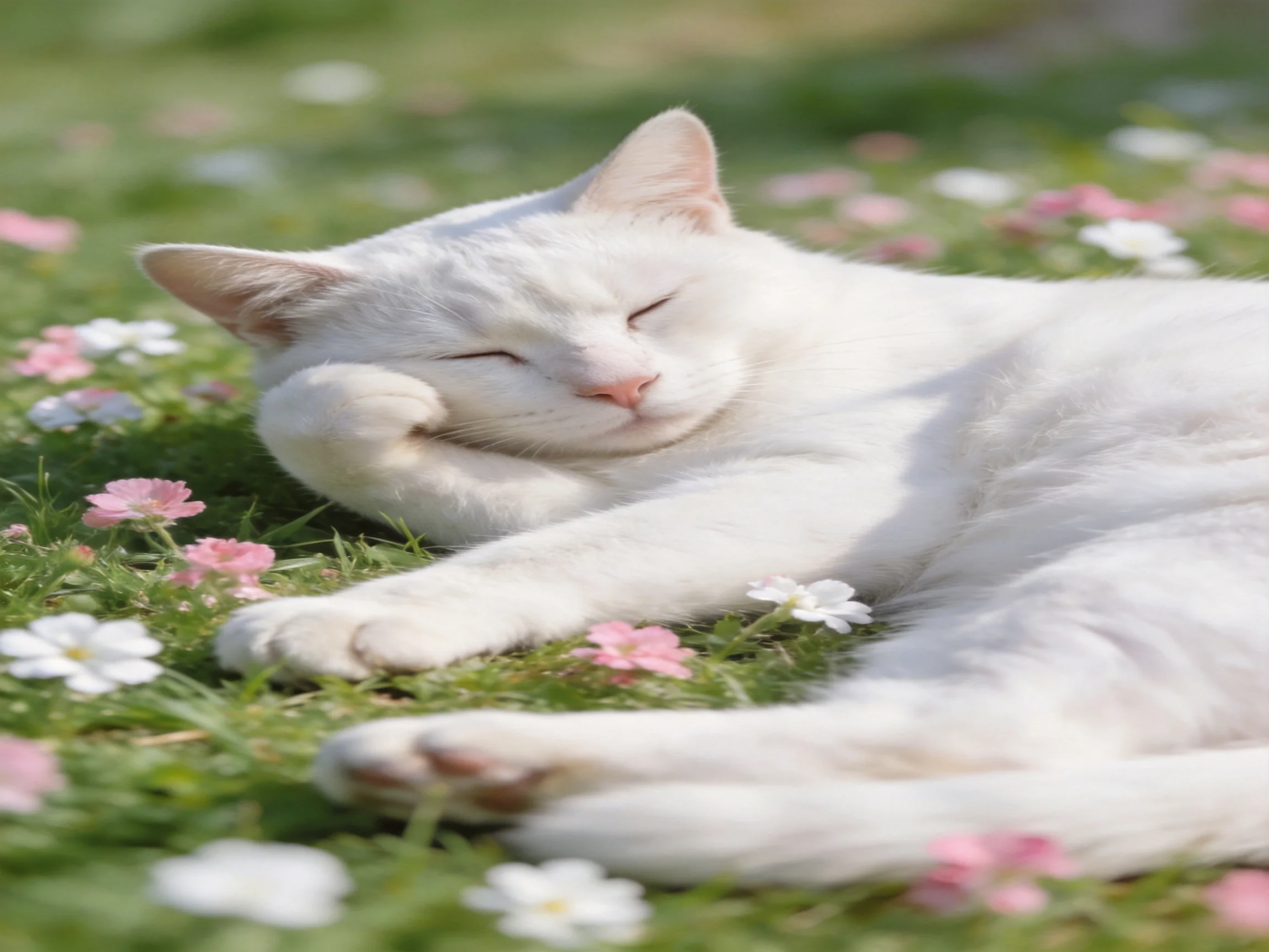 A single white cat rests amid colorful flowers in a grassy setting.