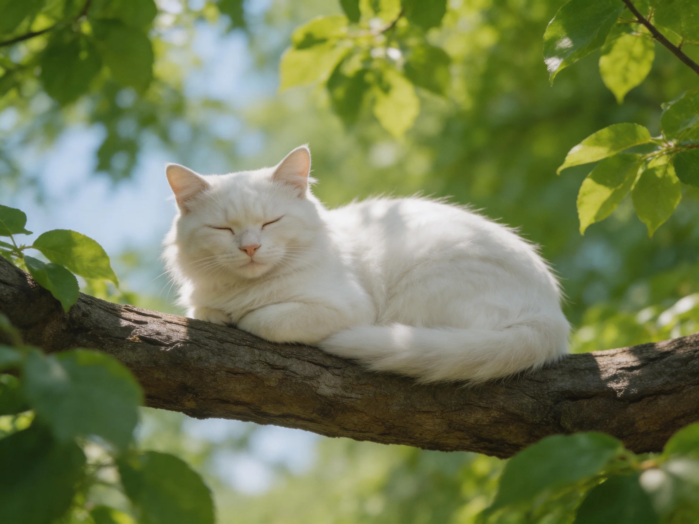 A white cat napping on a thick tree branch amid lush green foliage