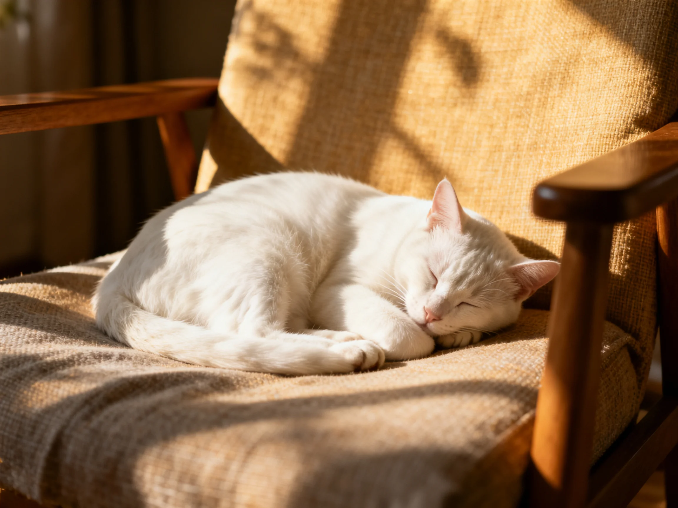 A white cat naps on a cushioned wooden armchair in warm sunlight