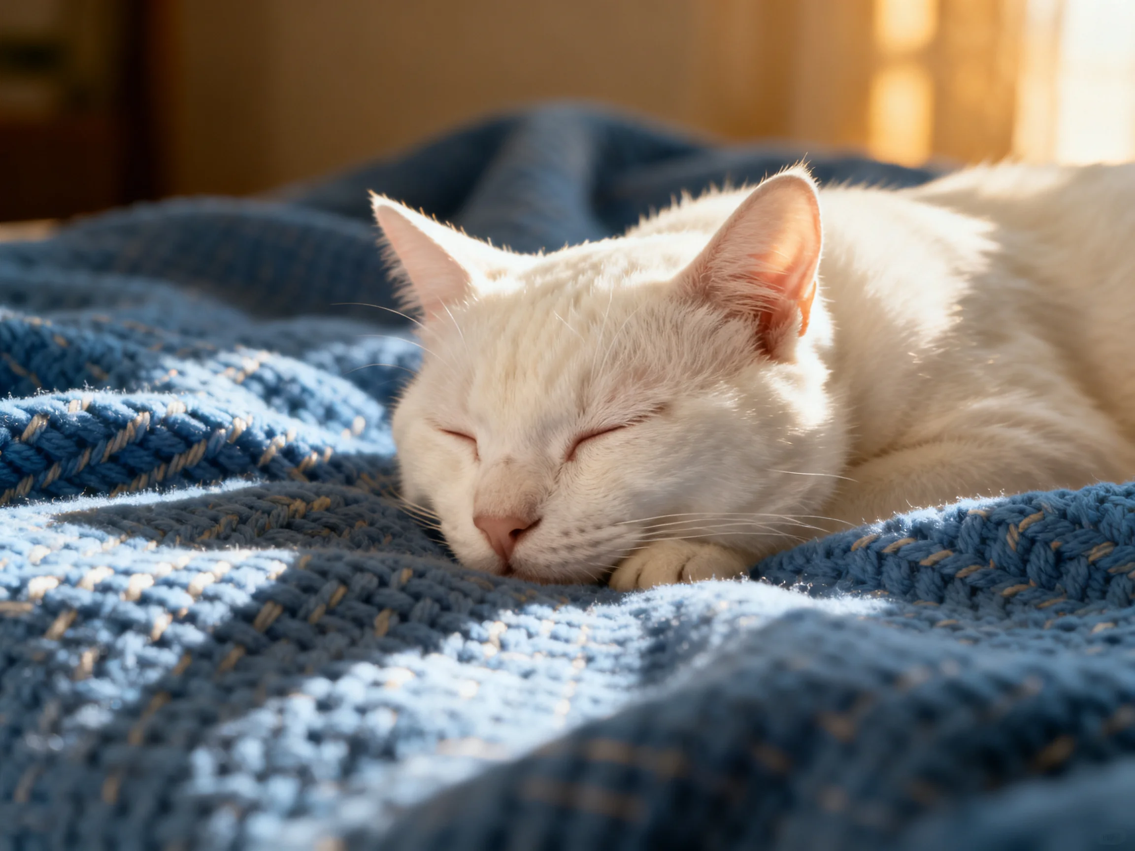 A white cat naps on a textured blue blanket in warm sunlight