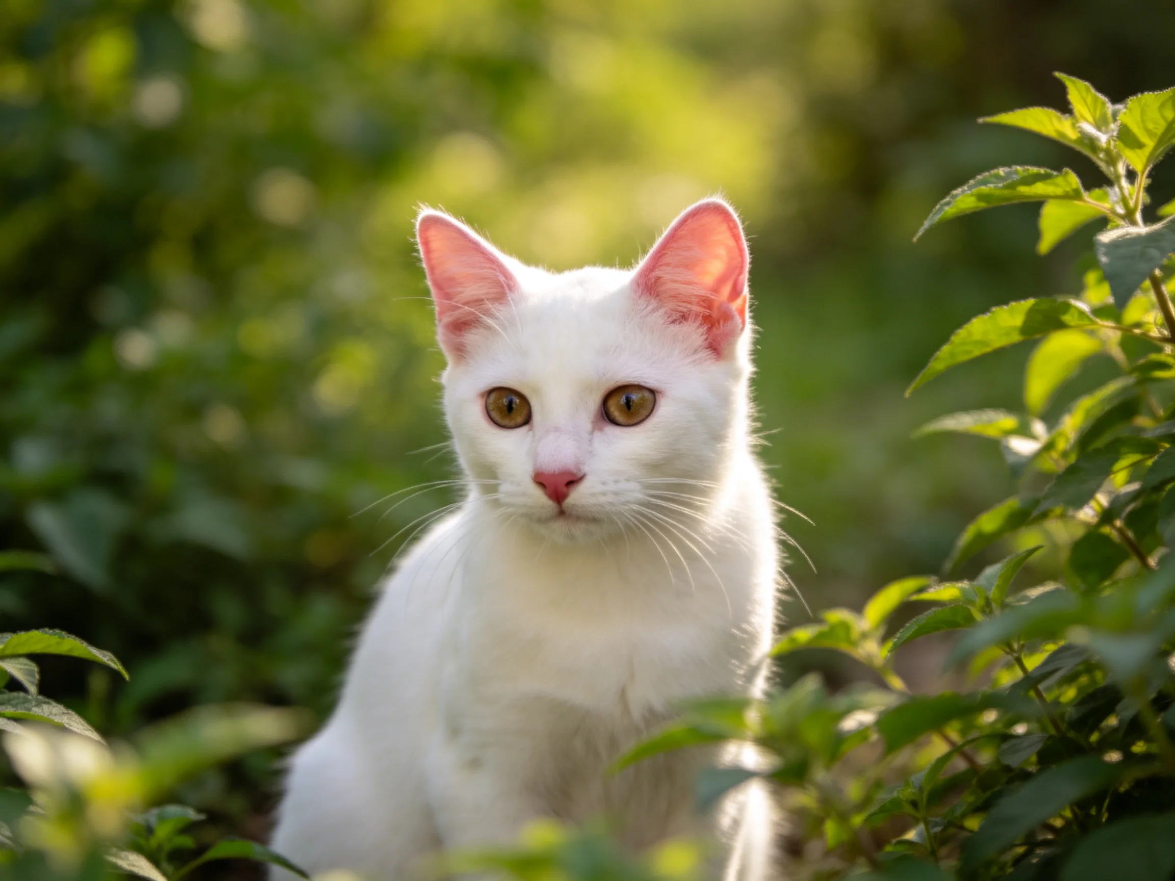 A white cat nestled among lush green foliage under soft natural light