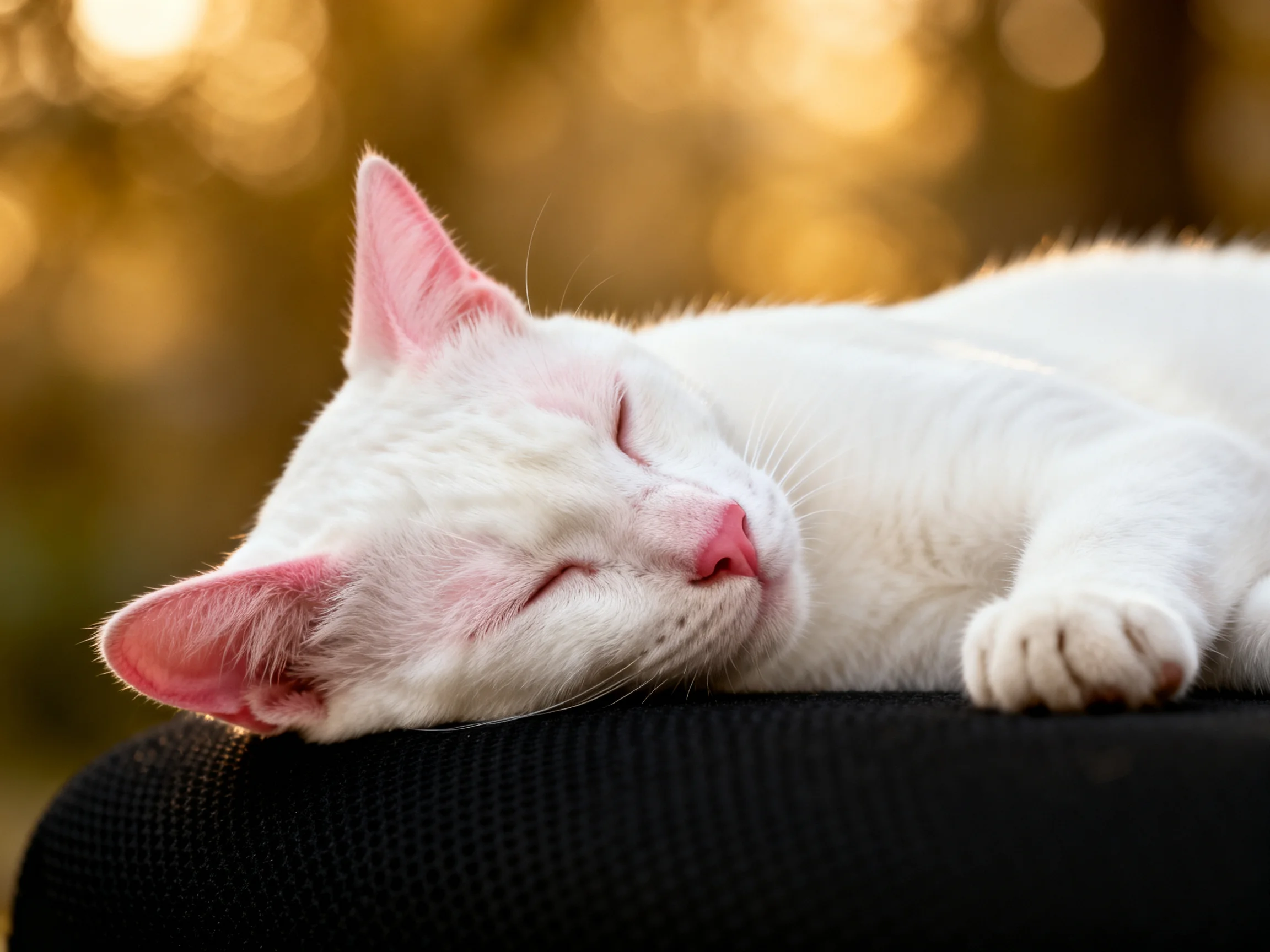 A white cat peacefully sleeps on a dark surface with golden bokeh
