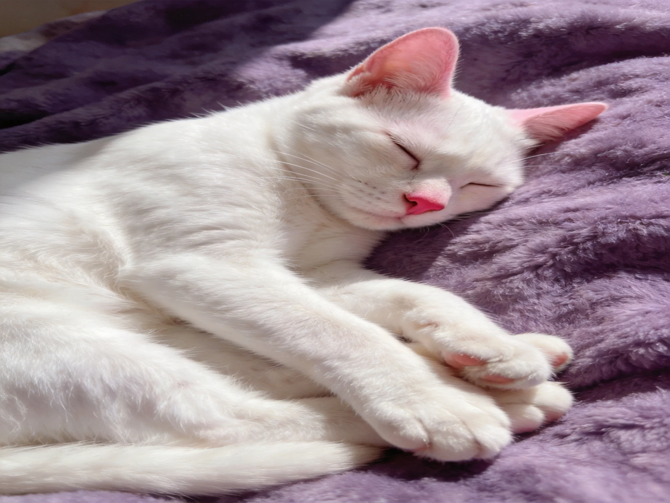 A white cat peacefully sleeps on a plush purple blanket