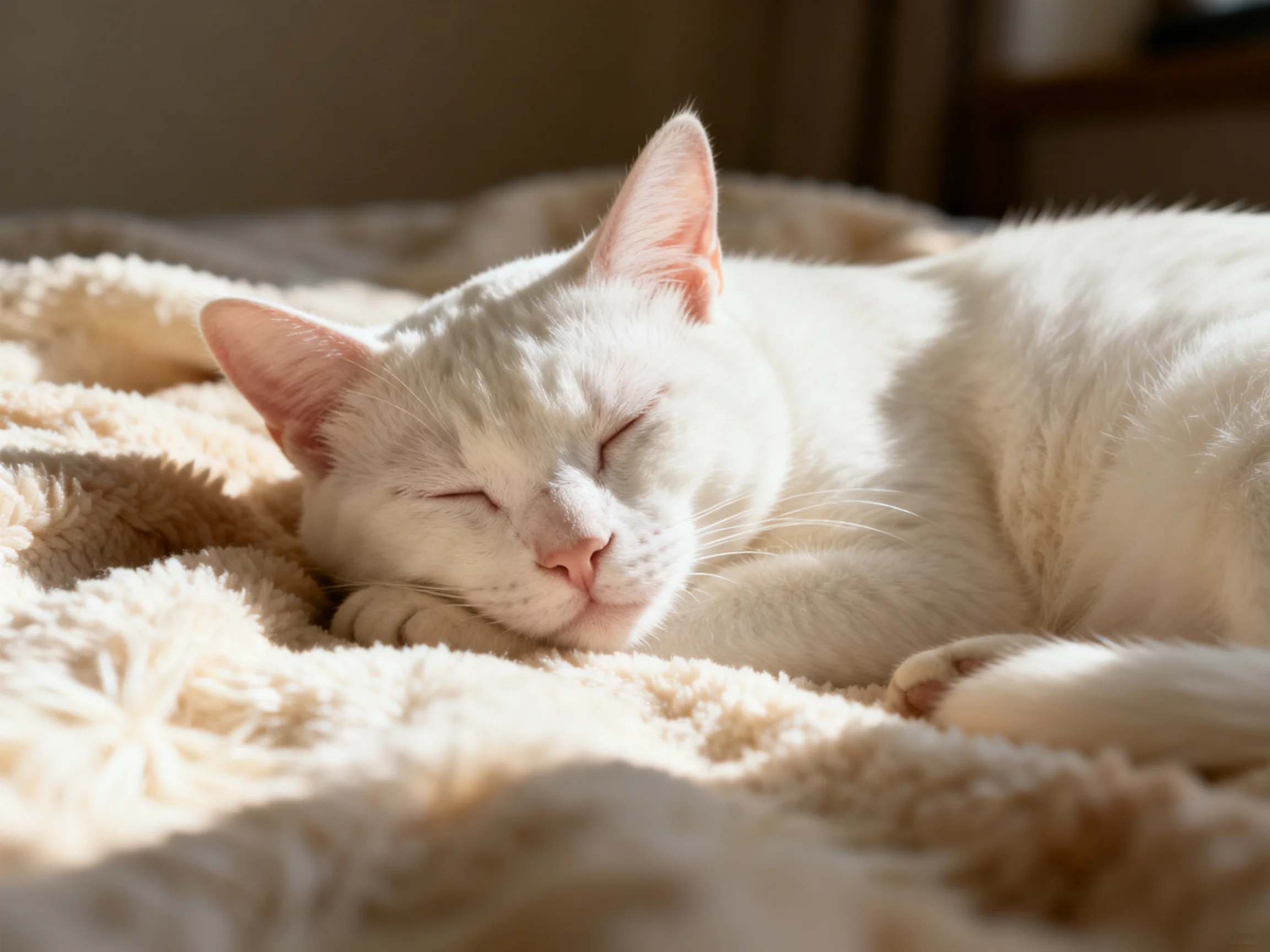 A white cat peacefully sleeps on a soft beige blanket in warm sunlight