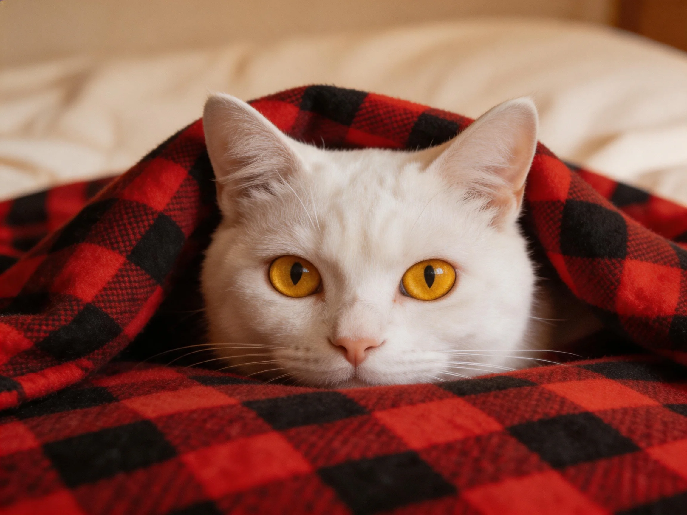 A white cat peeks from a red and black checkered blanket.