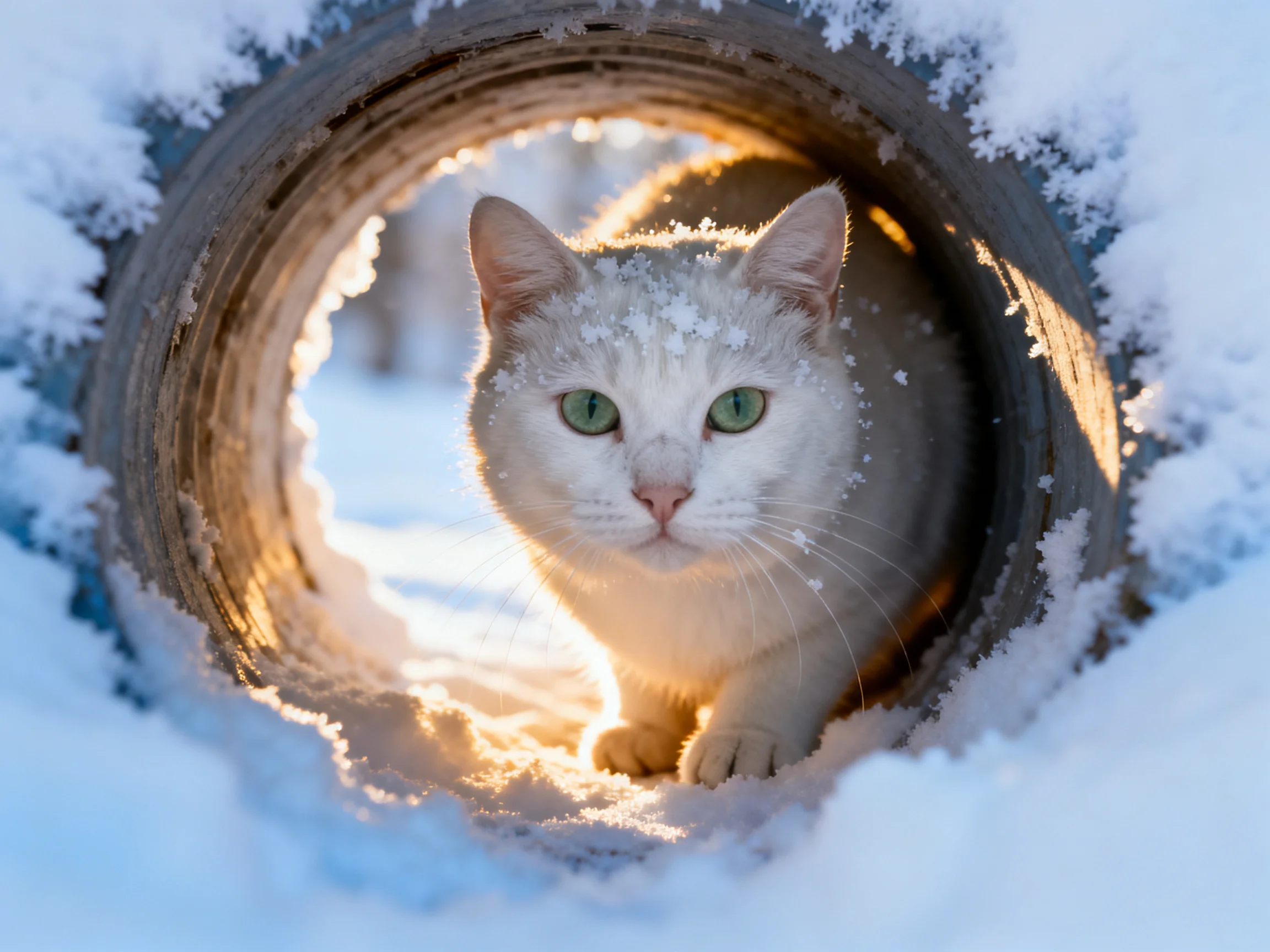 A white cat peeks from a snow-covered cylindrical tunnel