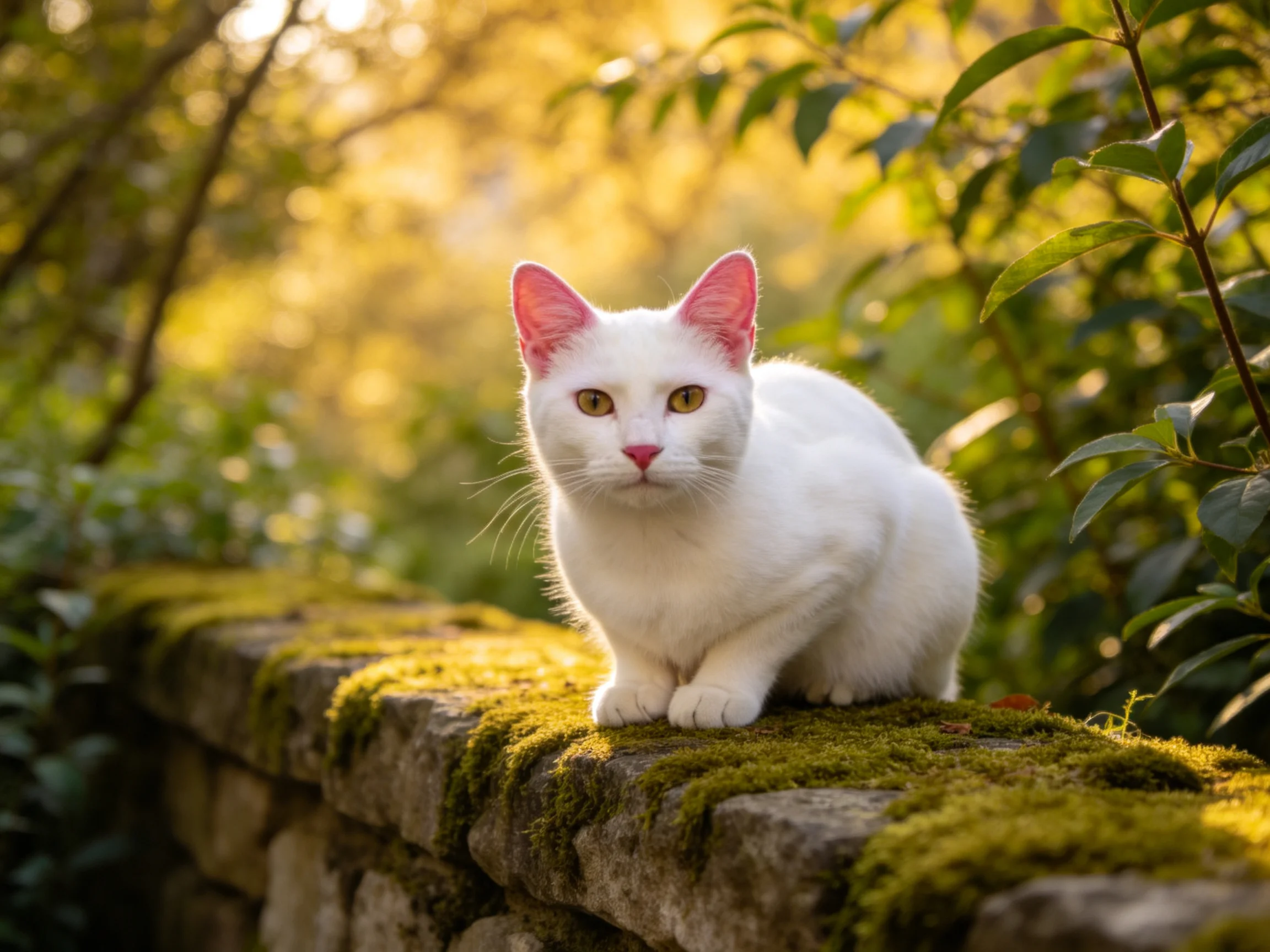 A white cat sits on a mossy stone wall surrounded by greenery in a sunlit environment.