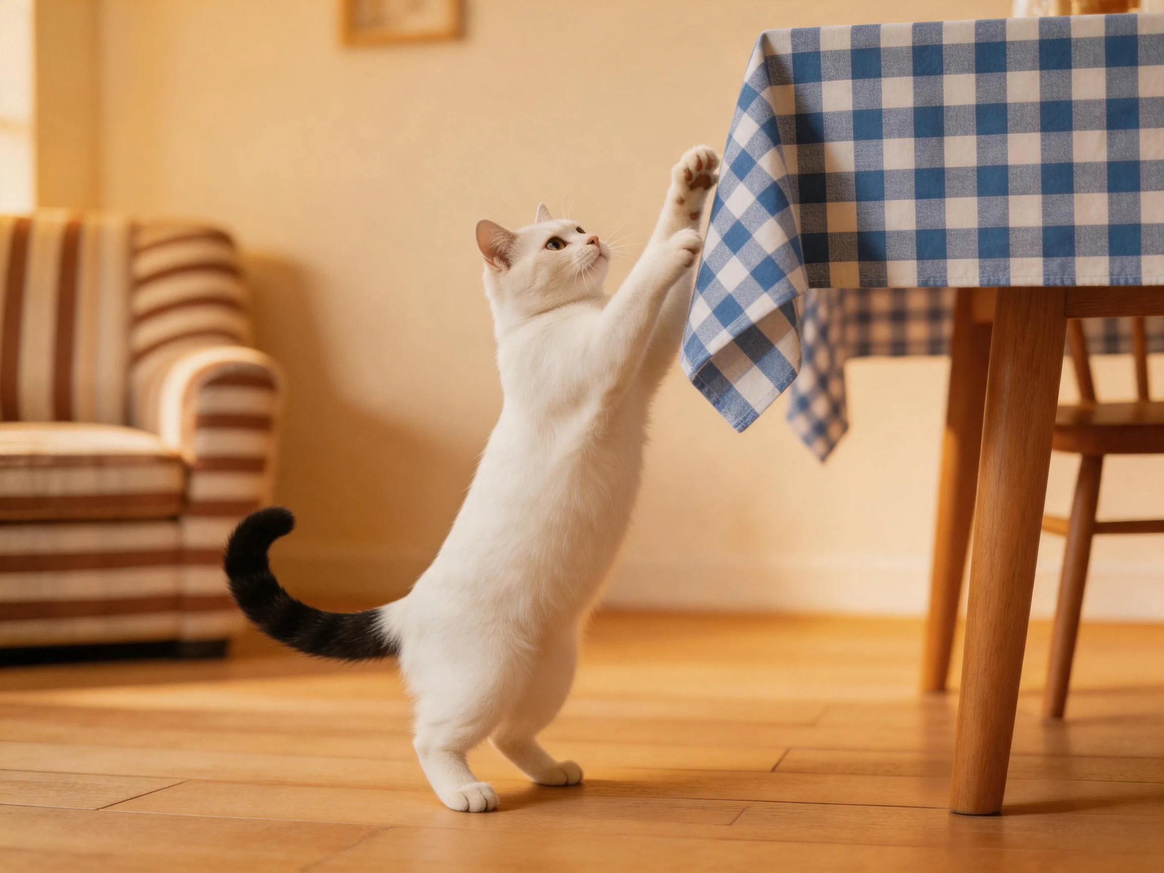A white cat reaches toward a blue-checkered tablecloth near a striped chair