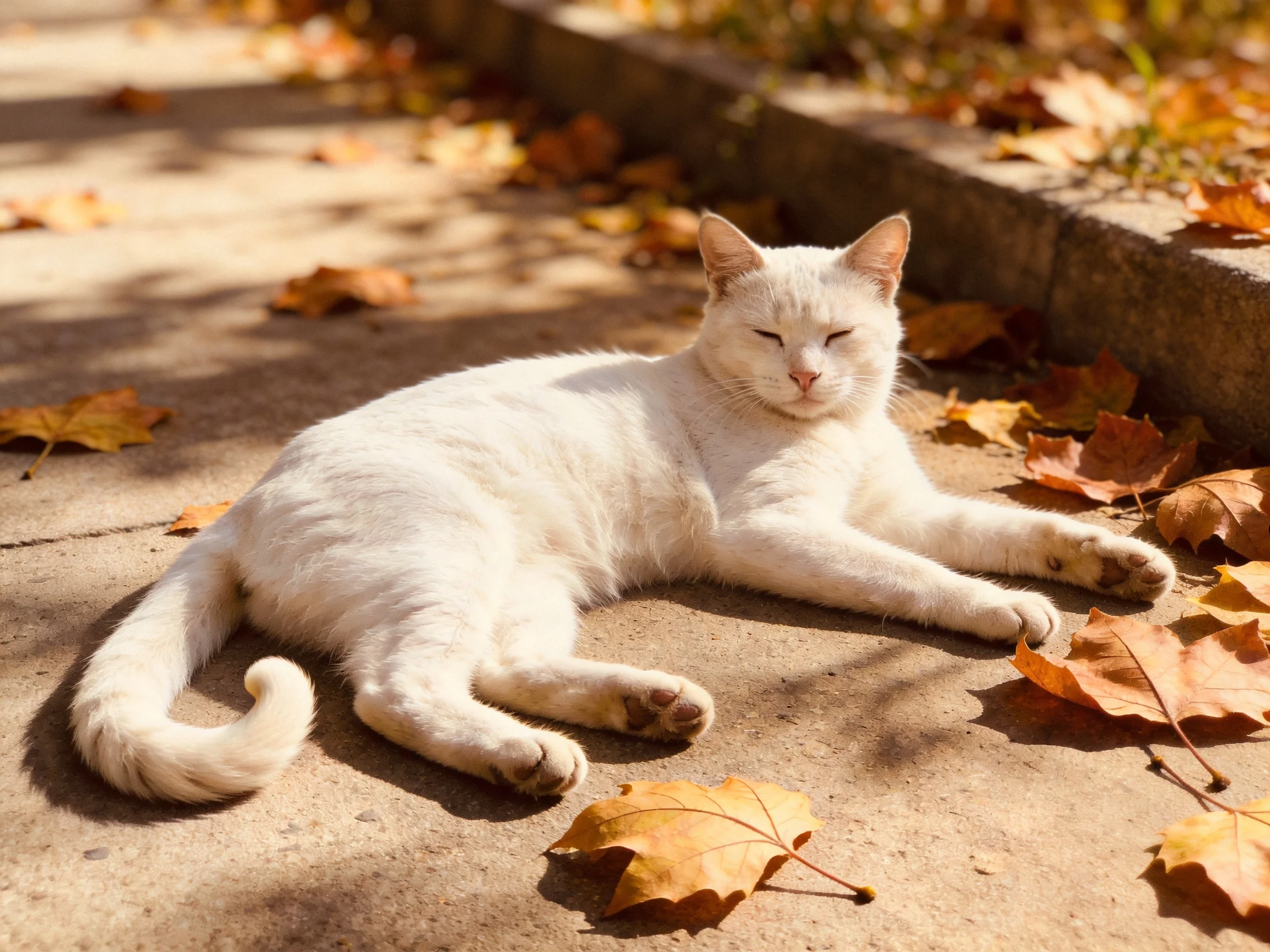 A white cat relaxes among scattered autumn leaves on a sunlit pavement