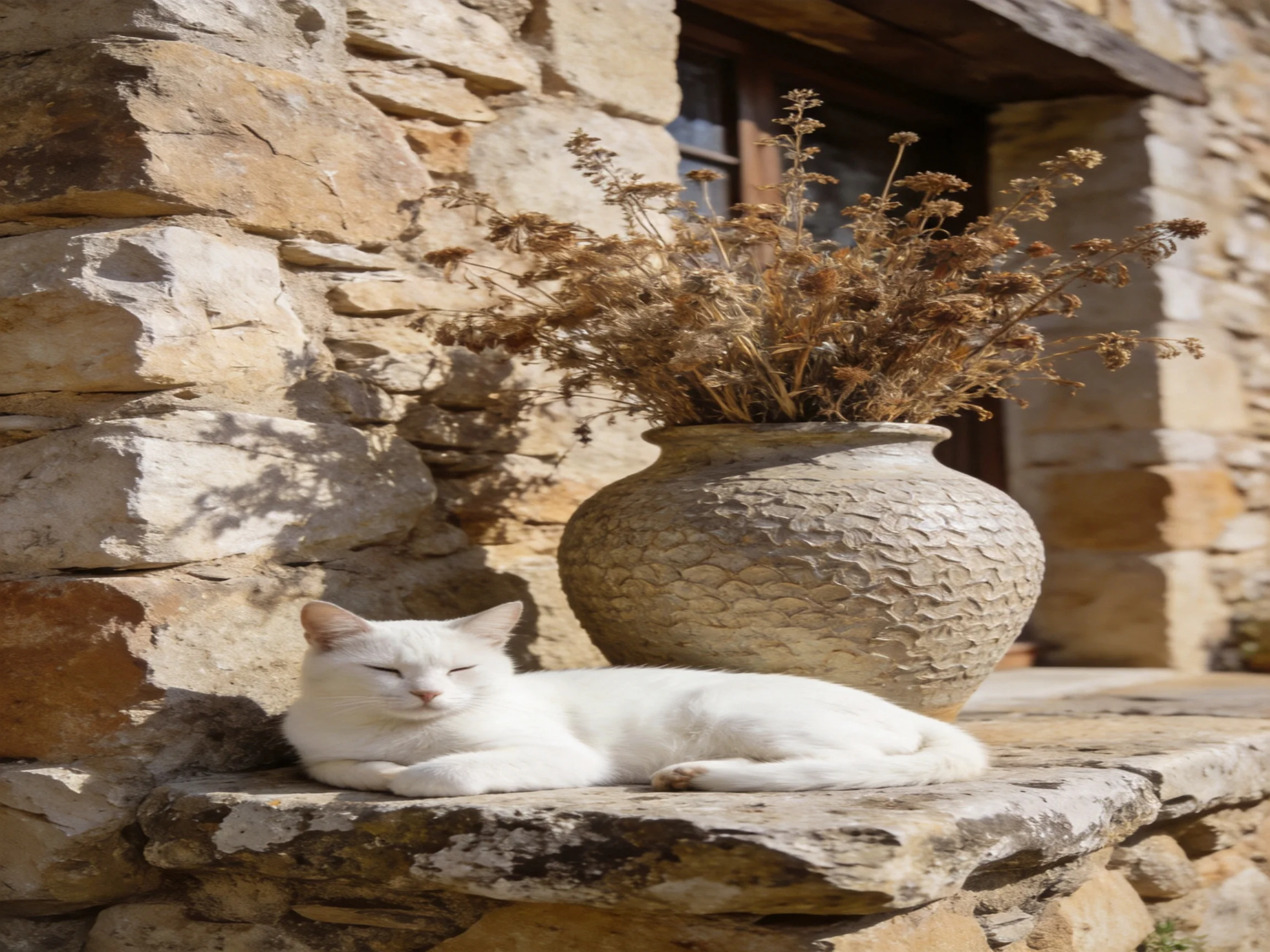 A white cat relaxes beside a textured stone vase by an old stone wall