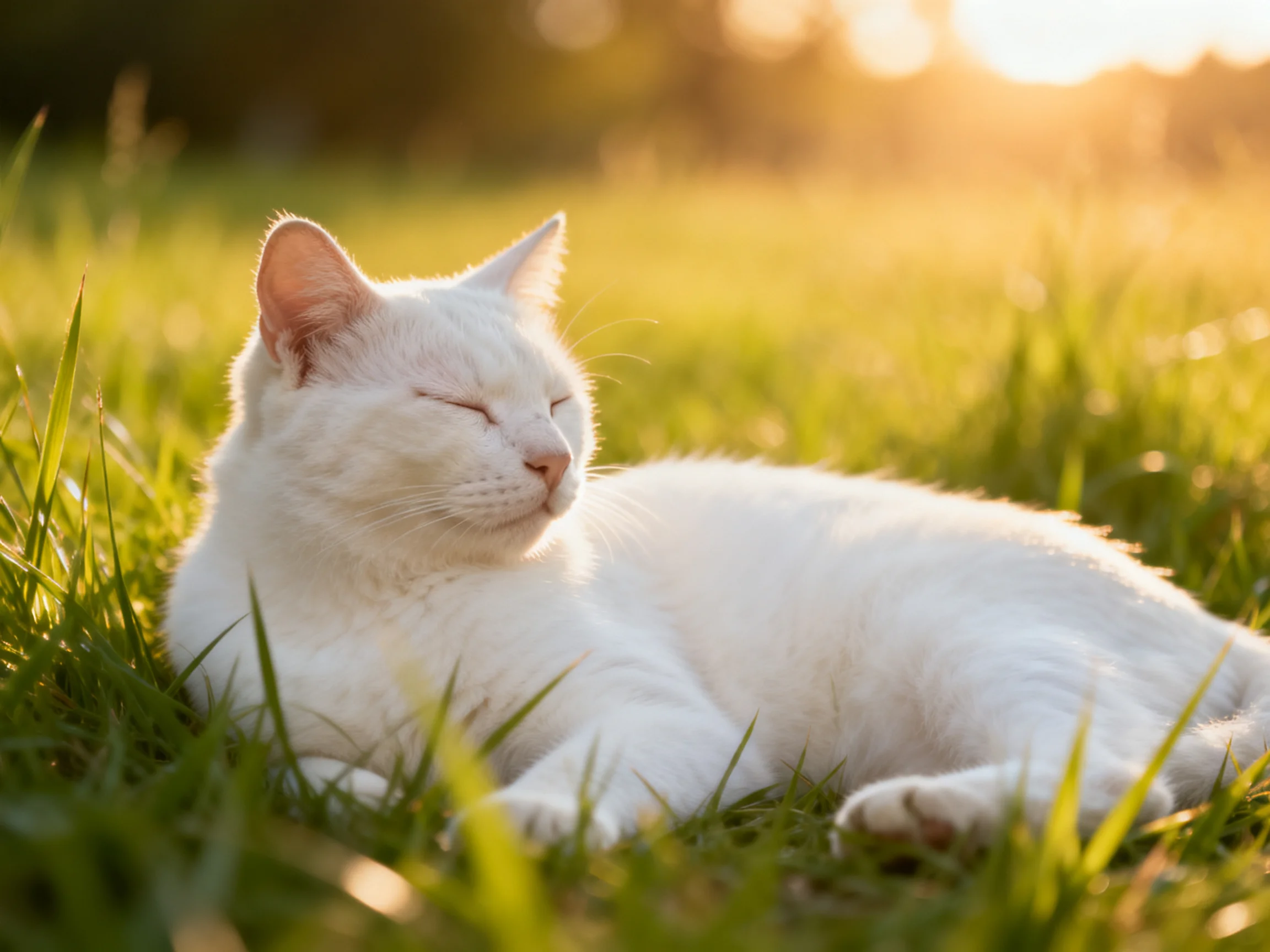 A white cat relaxes in sun-drenched green grass