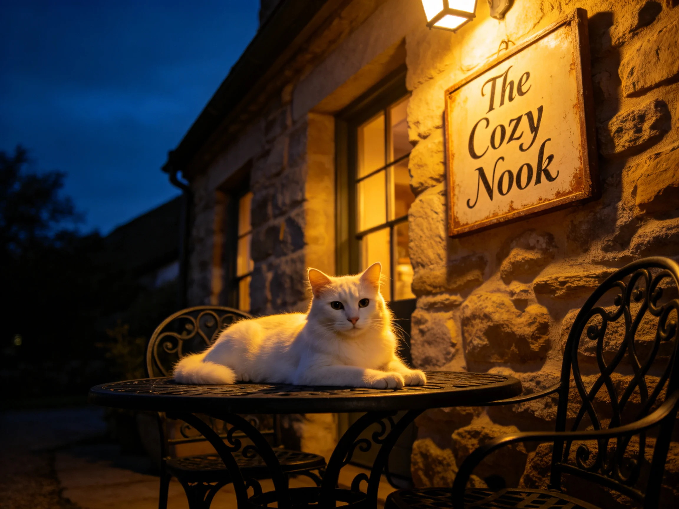 A white cat relaxes on a wrought iron table beside The Cozy Nook stone building at twilight