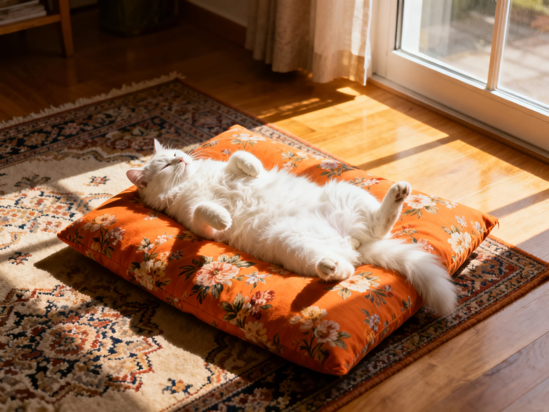 A white cat relaxes on an orange floral cushion near a sunlit window