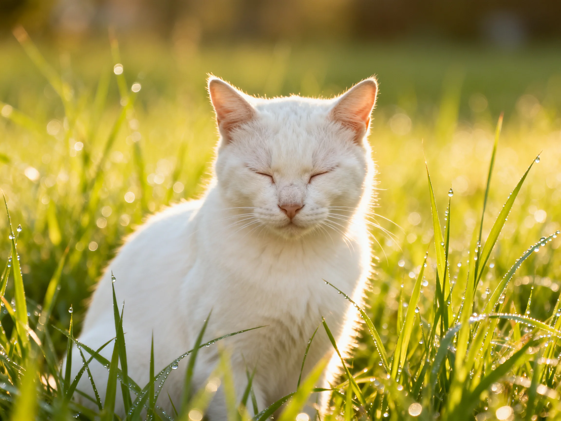 A white cat resting in dewy green grass under golden sunlight