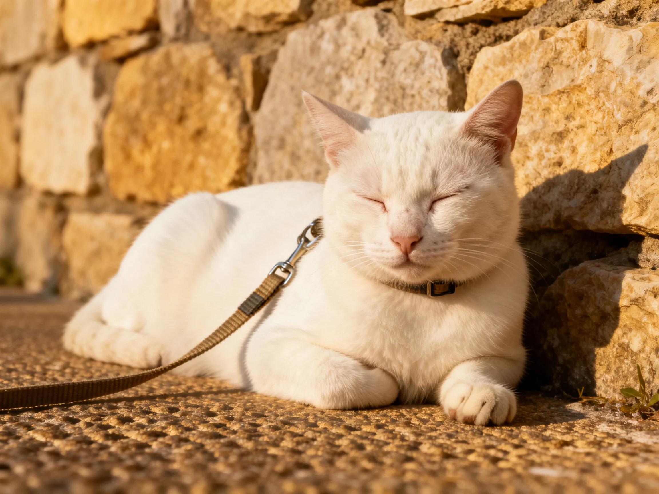 A white cat rests against a textured stone wall with a leash