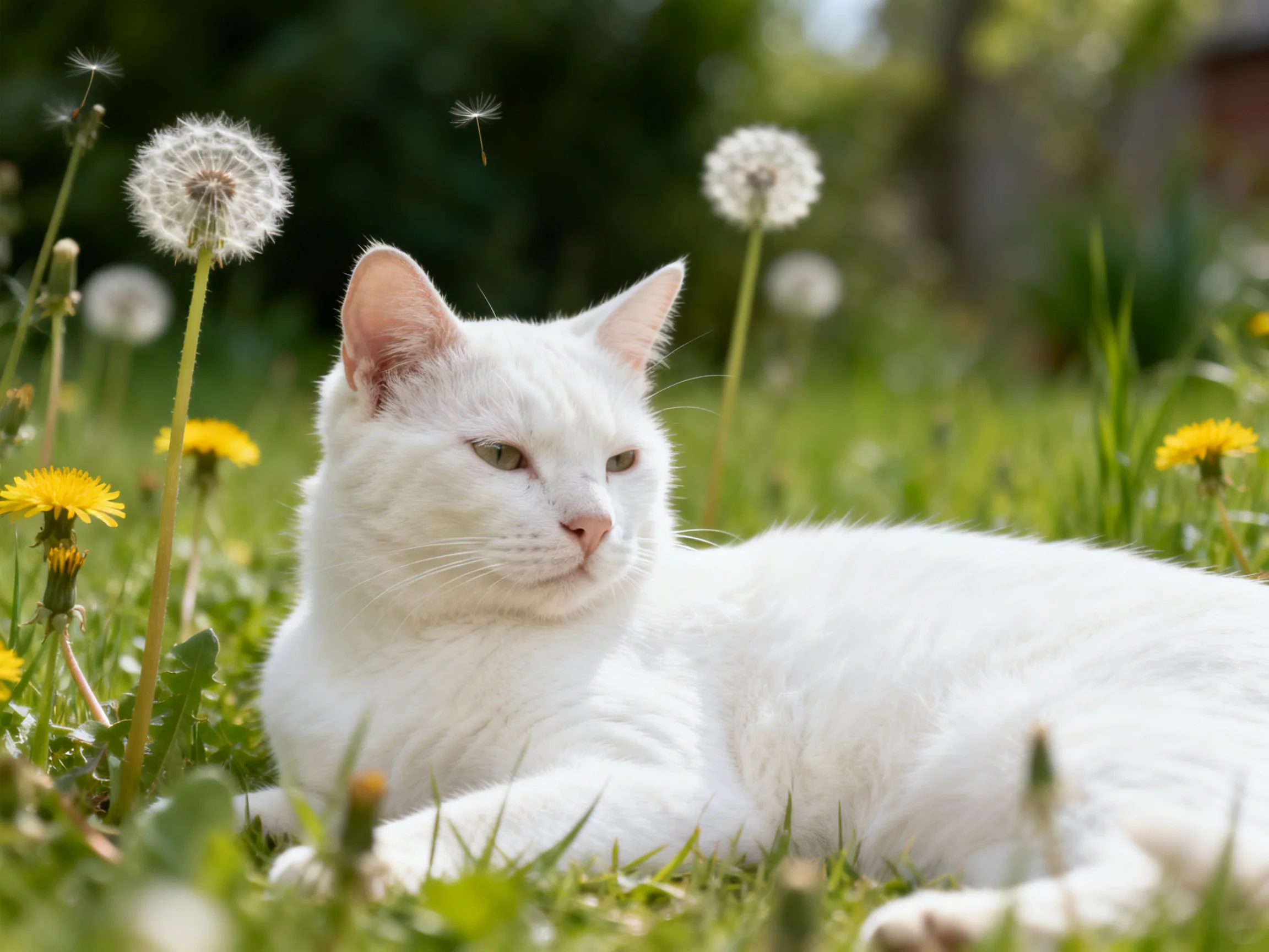 A white cat rests among dandelions and yellow flowers in a grassy field