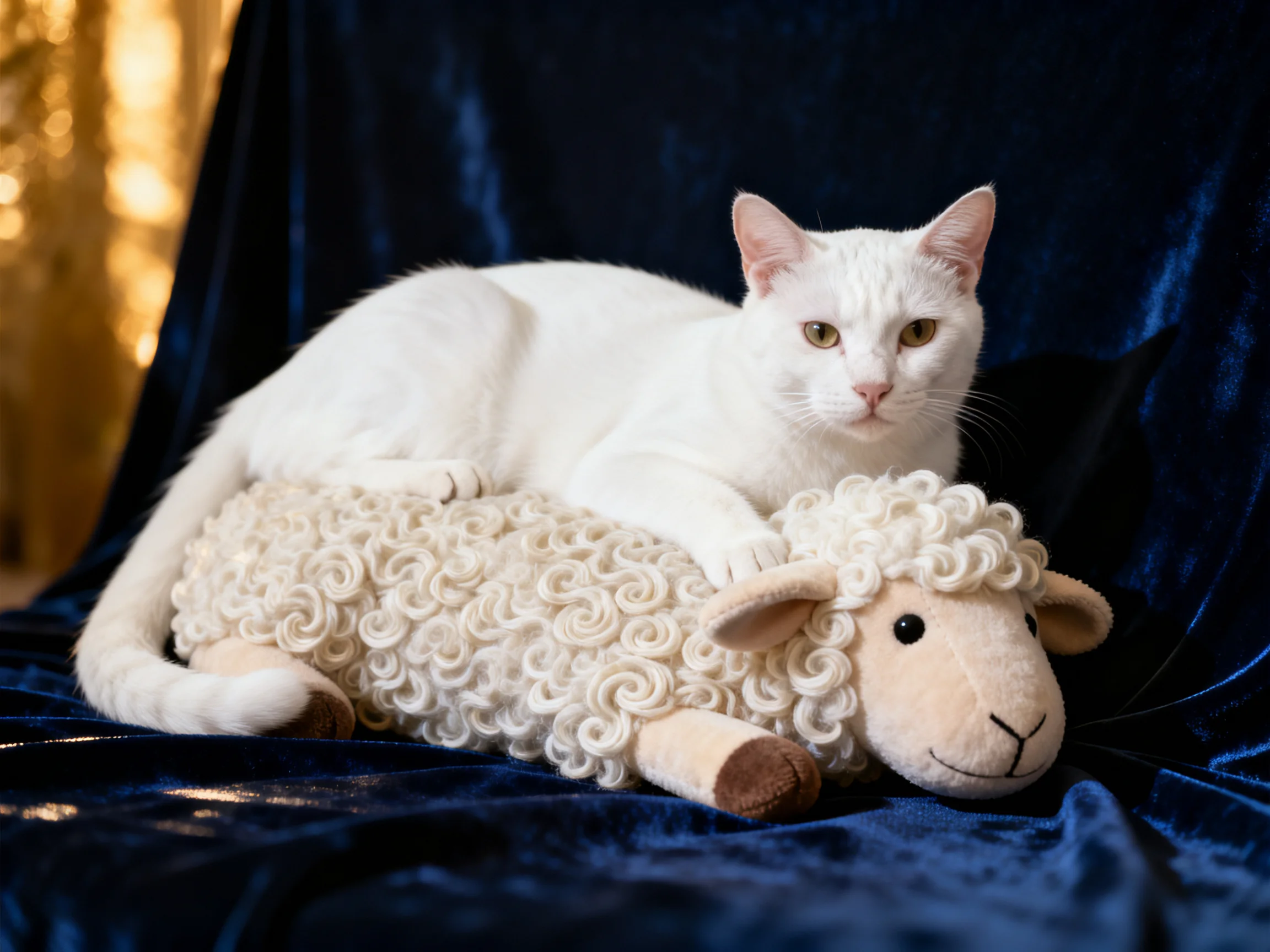 A white cat lies on a plush sheep toy on a dark blue fabric.