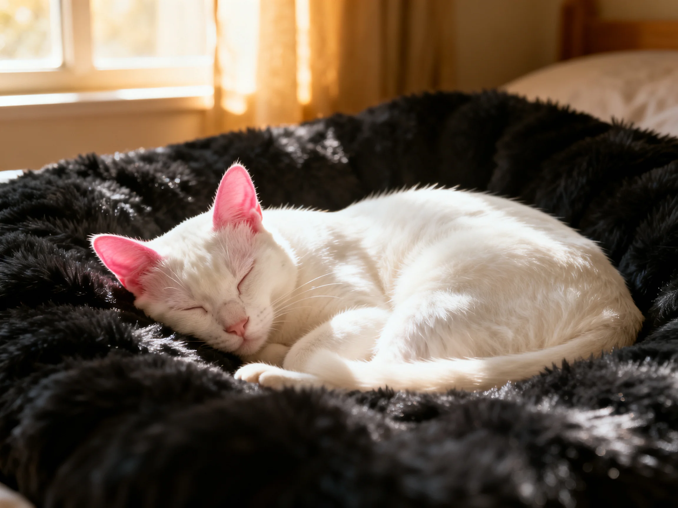 A white cat sleeps comfortably in a soft black bed near a bright window.
