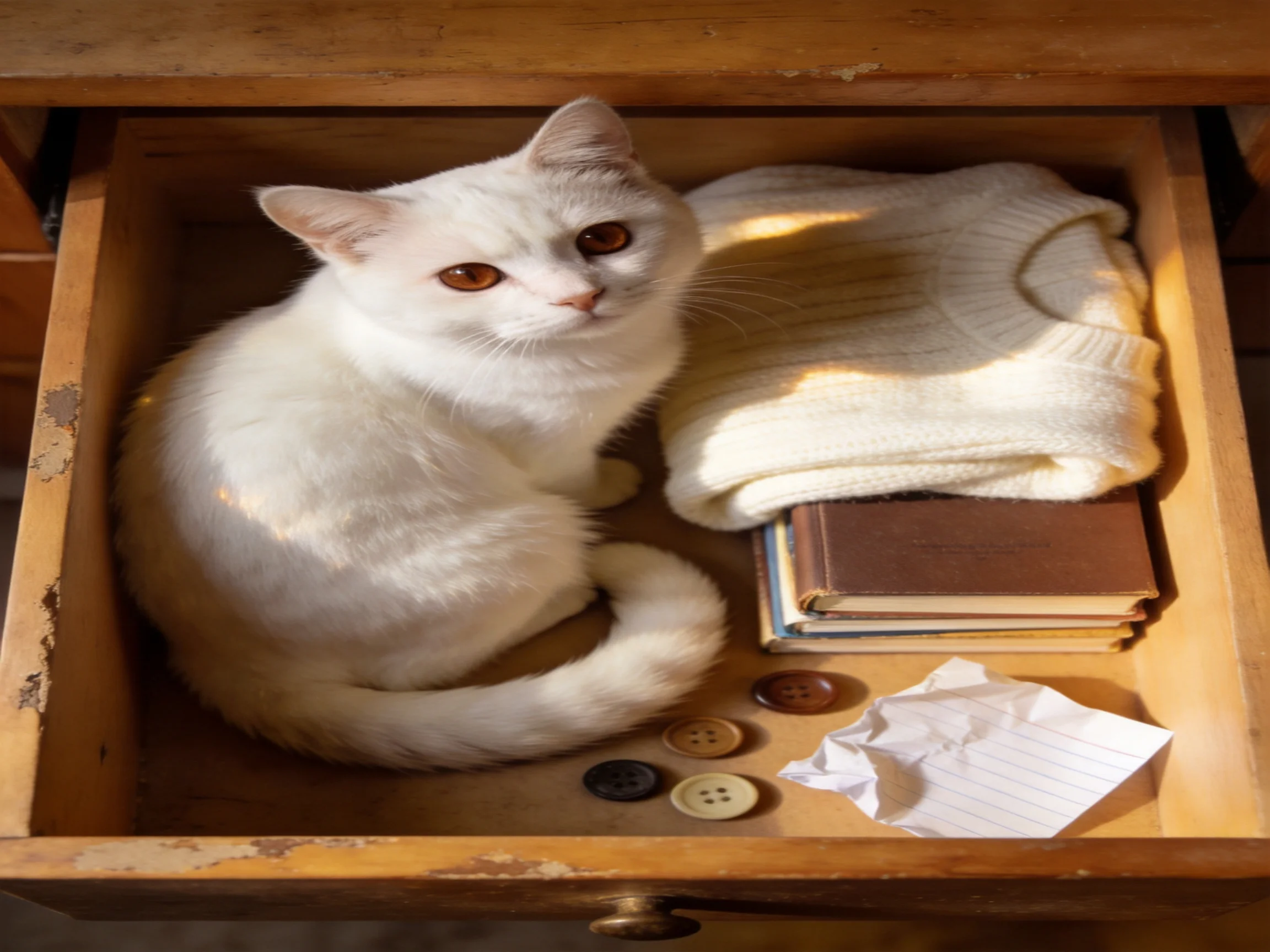 A white cat sits in a drawer with a cream sweater, books, buttons, and paper
