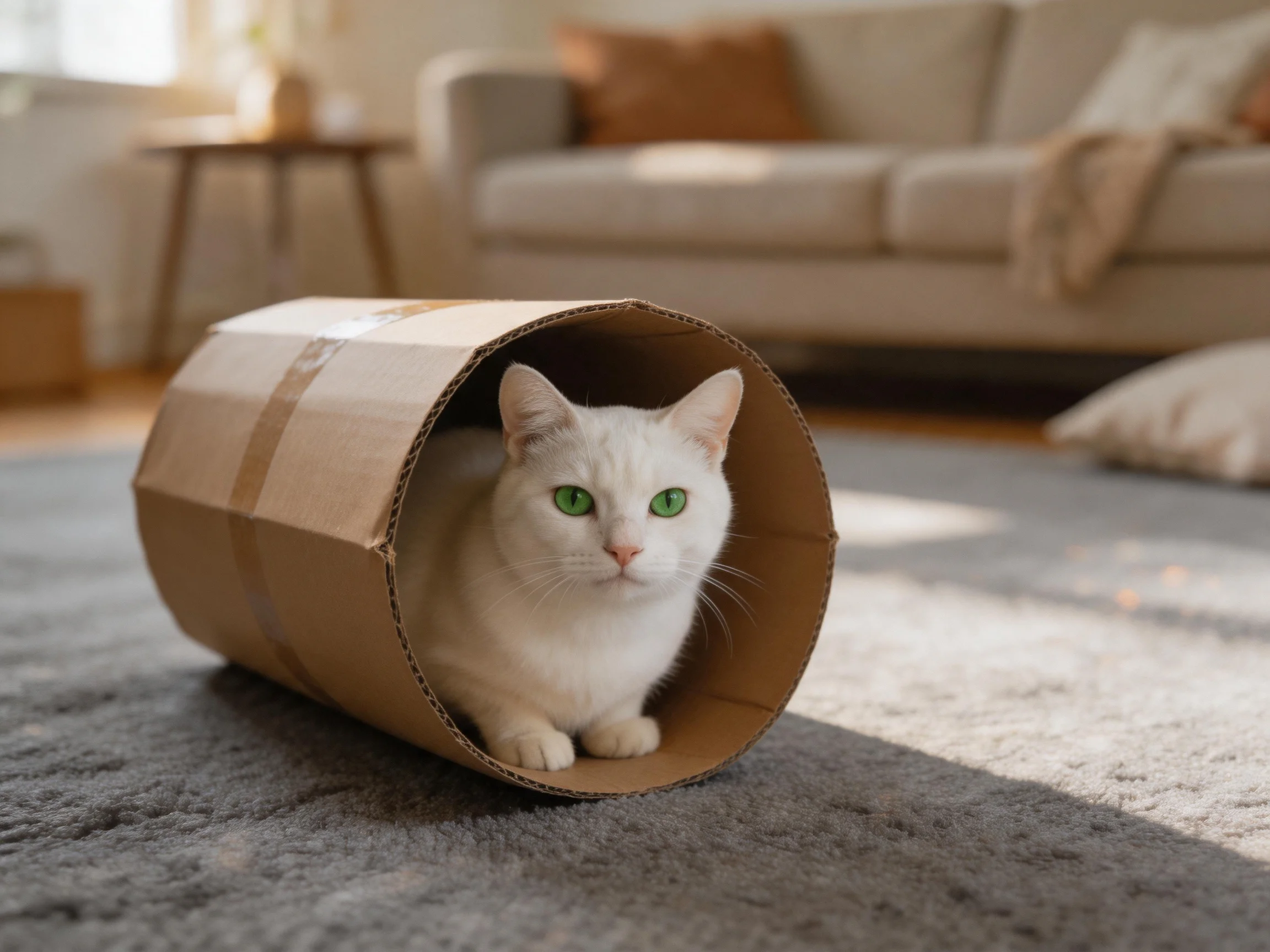 A white cat rests inside a brown cardboard tunnel on a gray rug