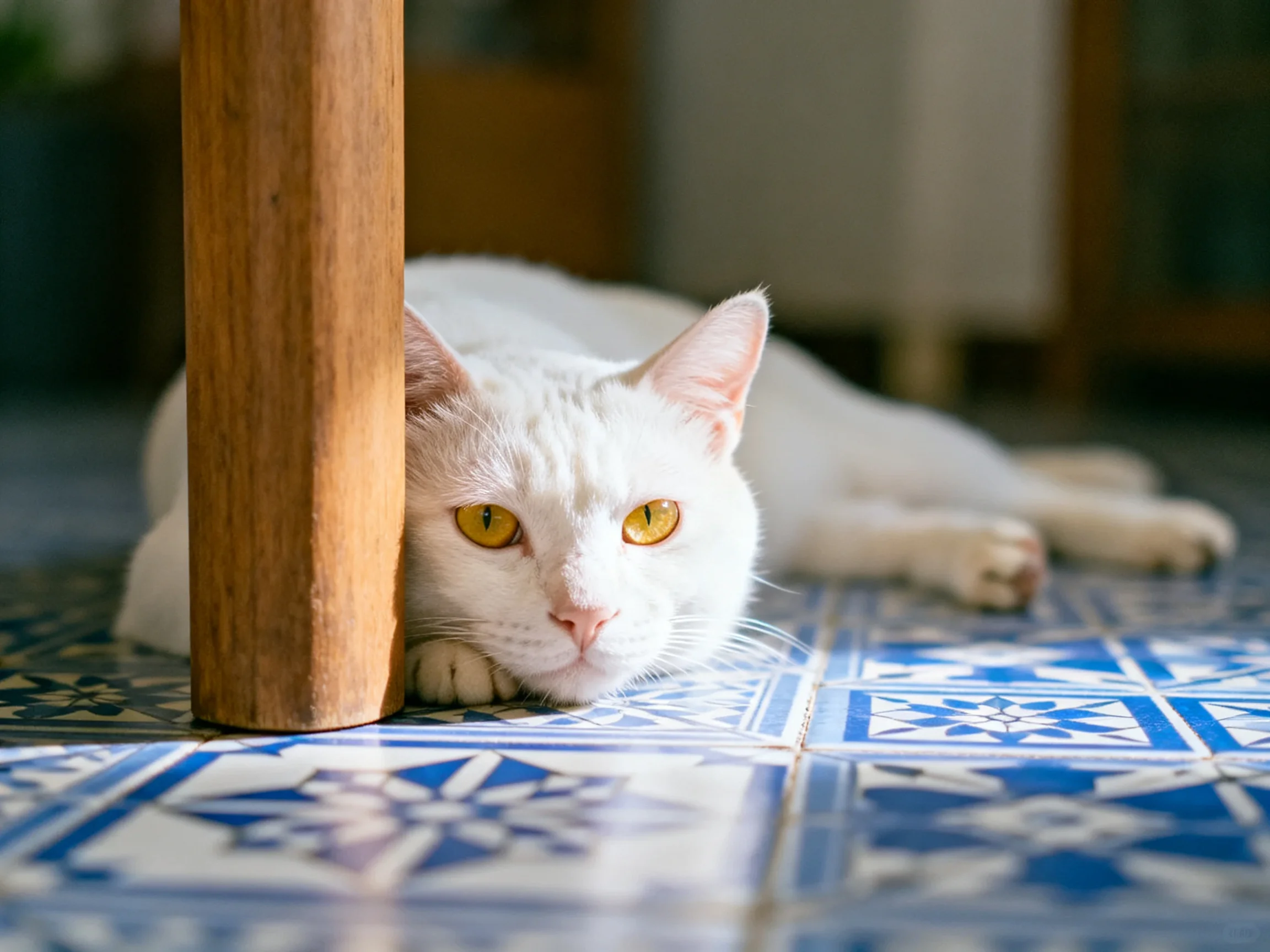 A white cat relaxes beside a wooden post on decorative tiles