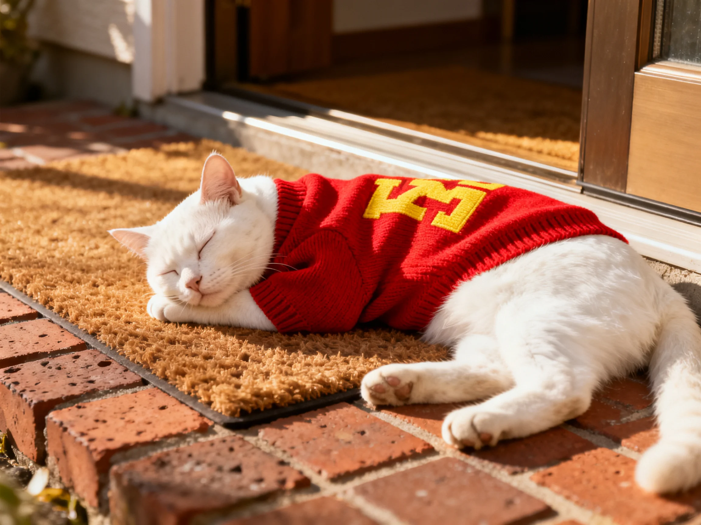 A white cat naps on a doormat while wearing a red sweater.