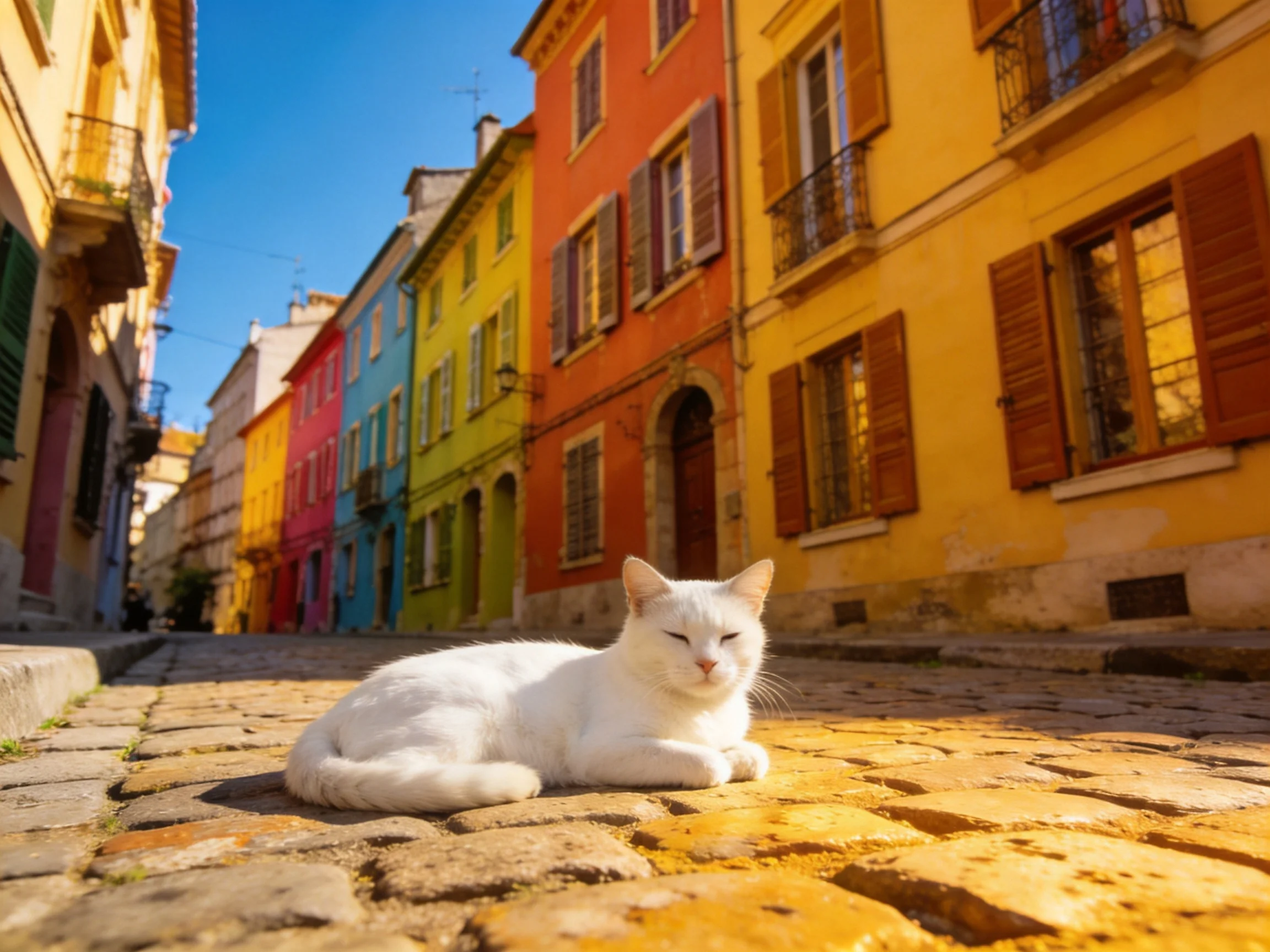 A white cat rests on a cobblestone street lined with vibrant colored historic buildings