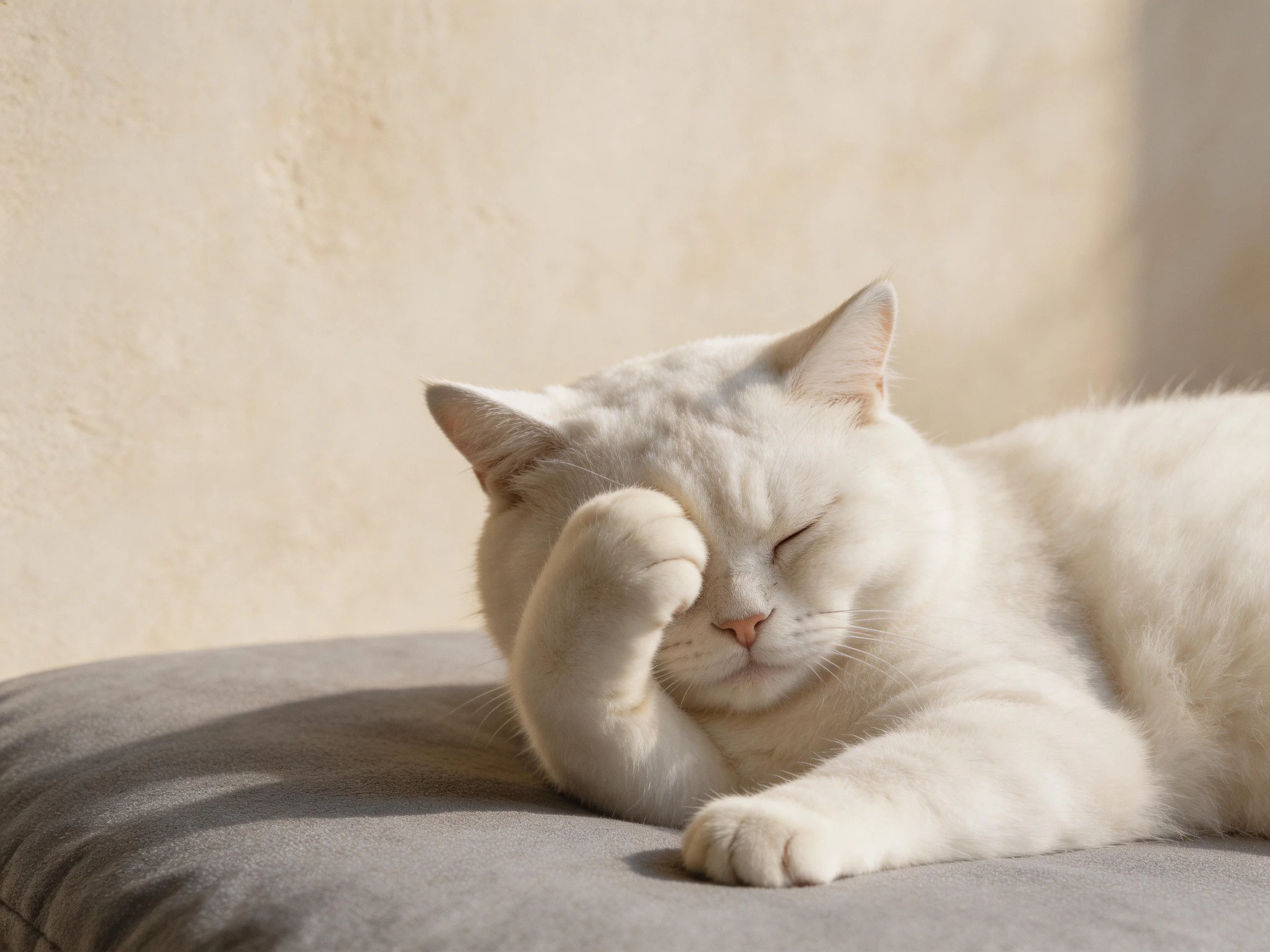 A white cat rests on a gray cushion with soft natural lighting