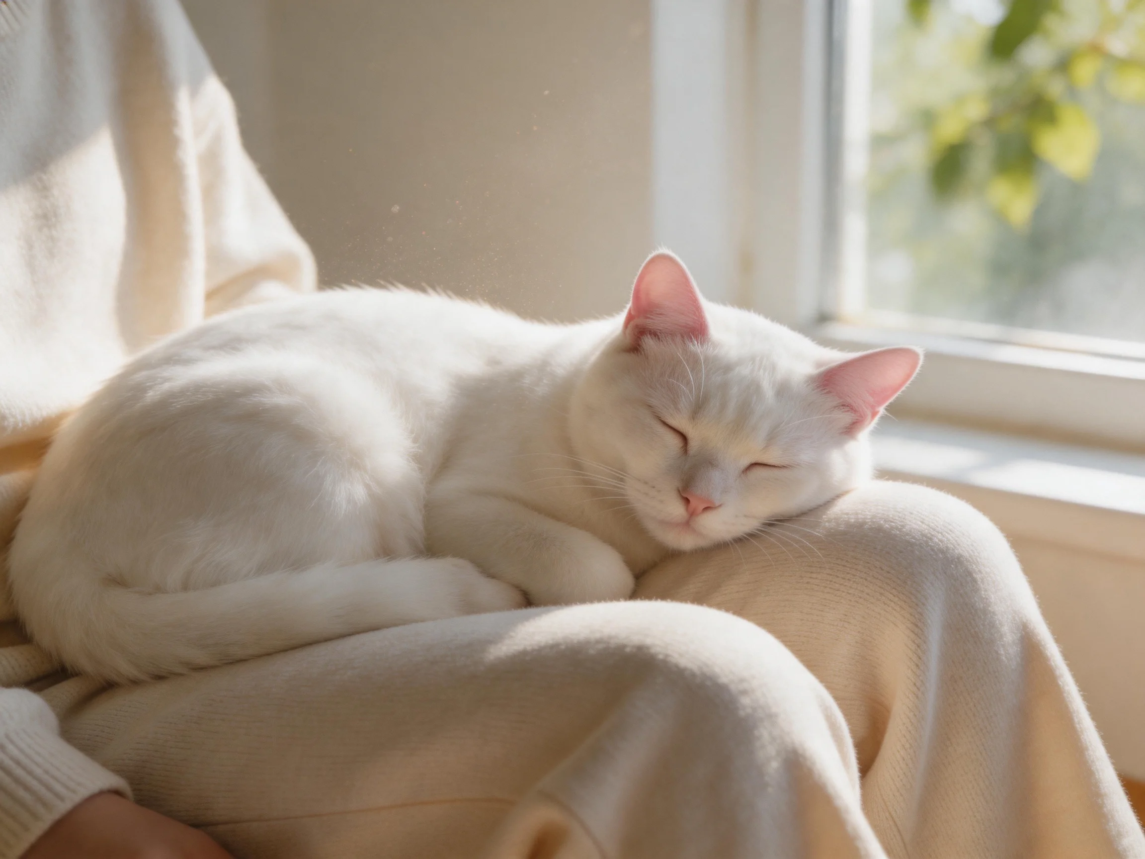 A white cat relaxes on a person’s lap next to a bright window.