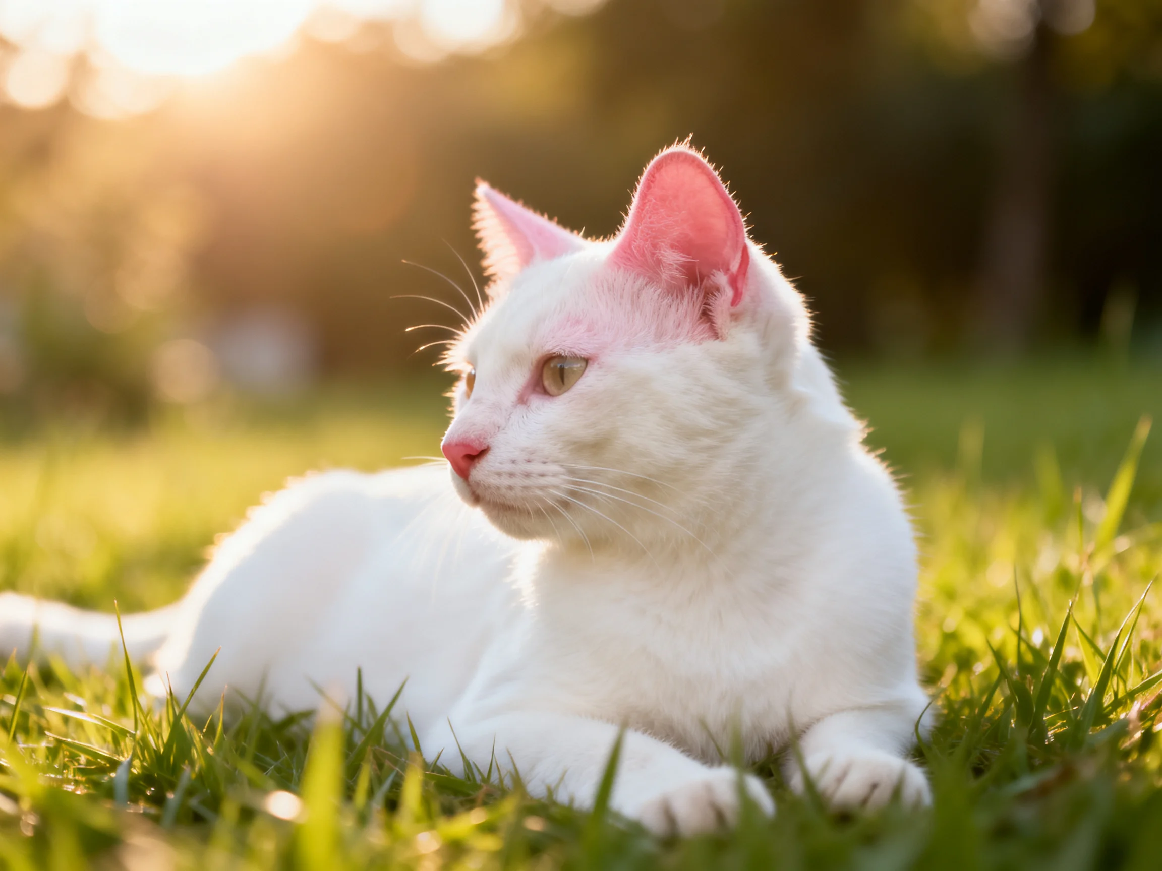 A white cat relaxes on green grass in a sunlit outdoor setting.