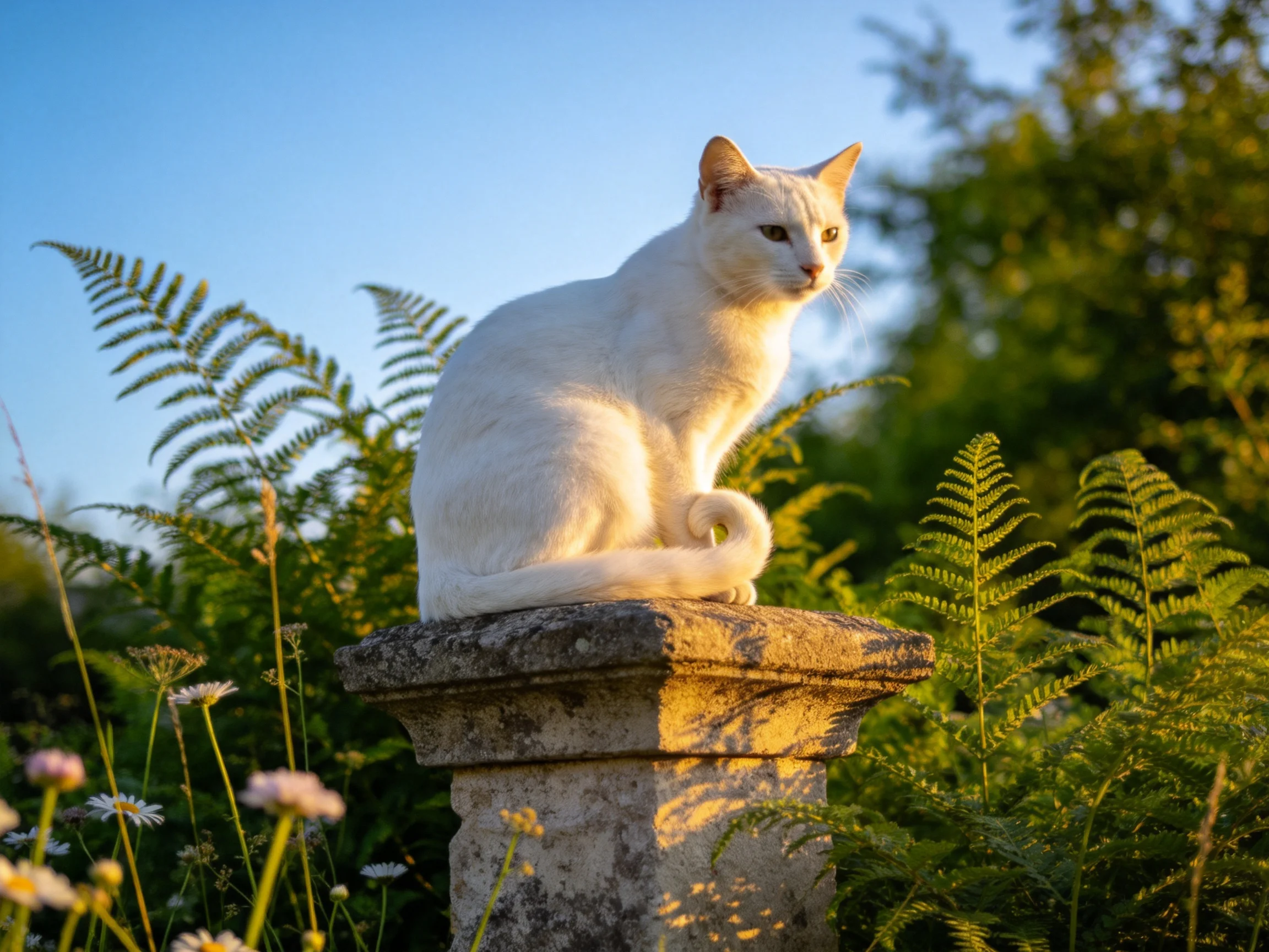 A white cat rests on a weathered stone pedestal in a sunlit garden filled with ferns.