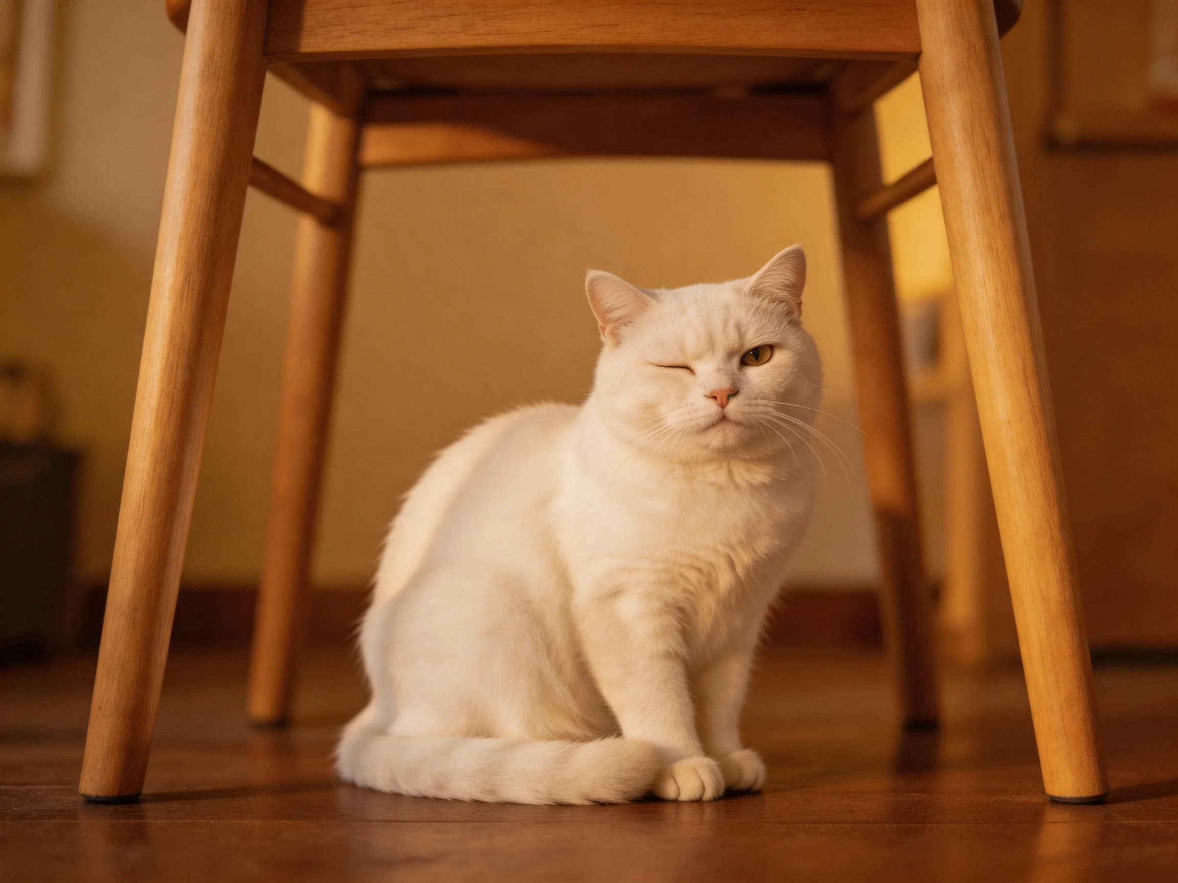 A white cat sits beneath a wooden chair in a warmly lit room