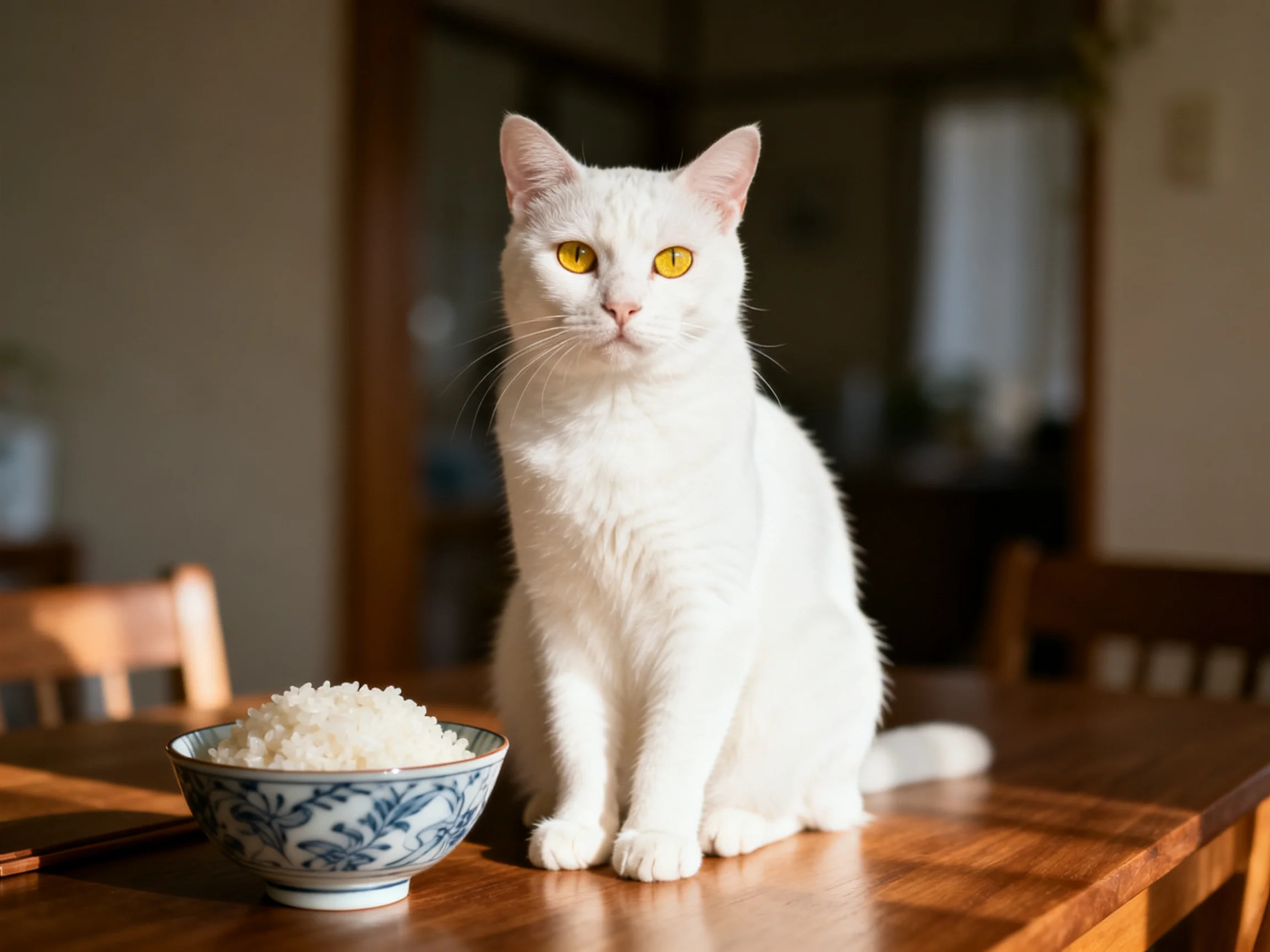A white cat sits beside a blue - patterned bowl of rice on a wooden table
