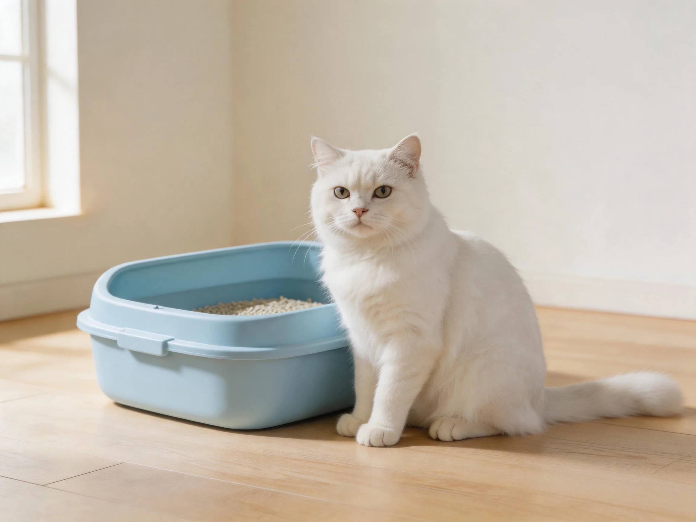 A white cat sits beside a blue litter box on a wooden floor