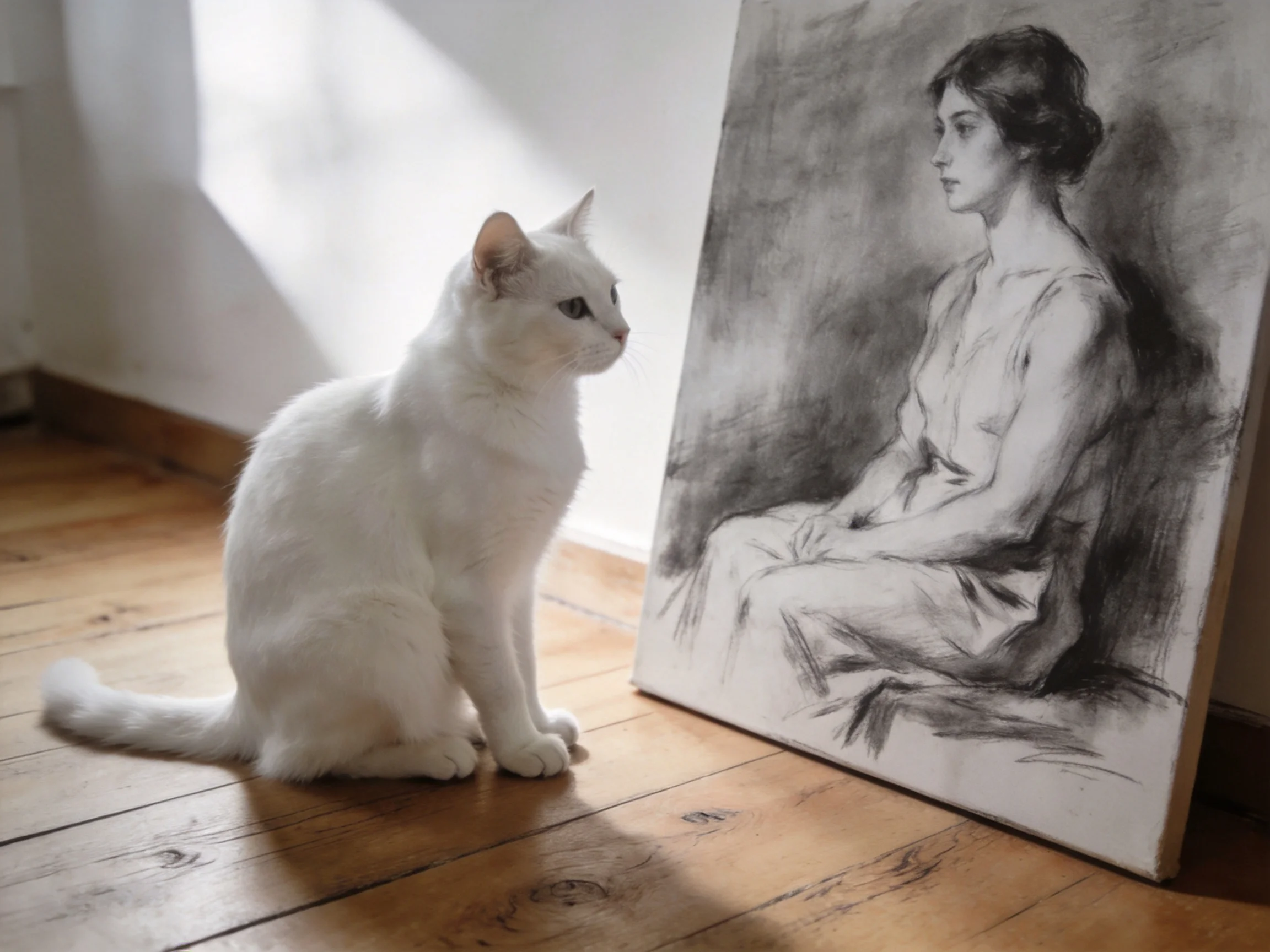 A white cat sits beside a detailed monochrome portrait on wooden flooring