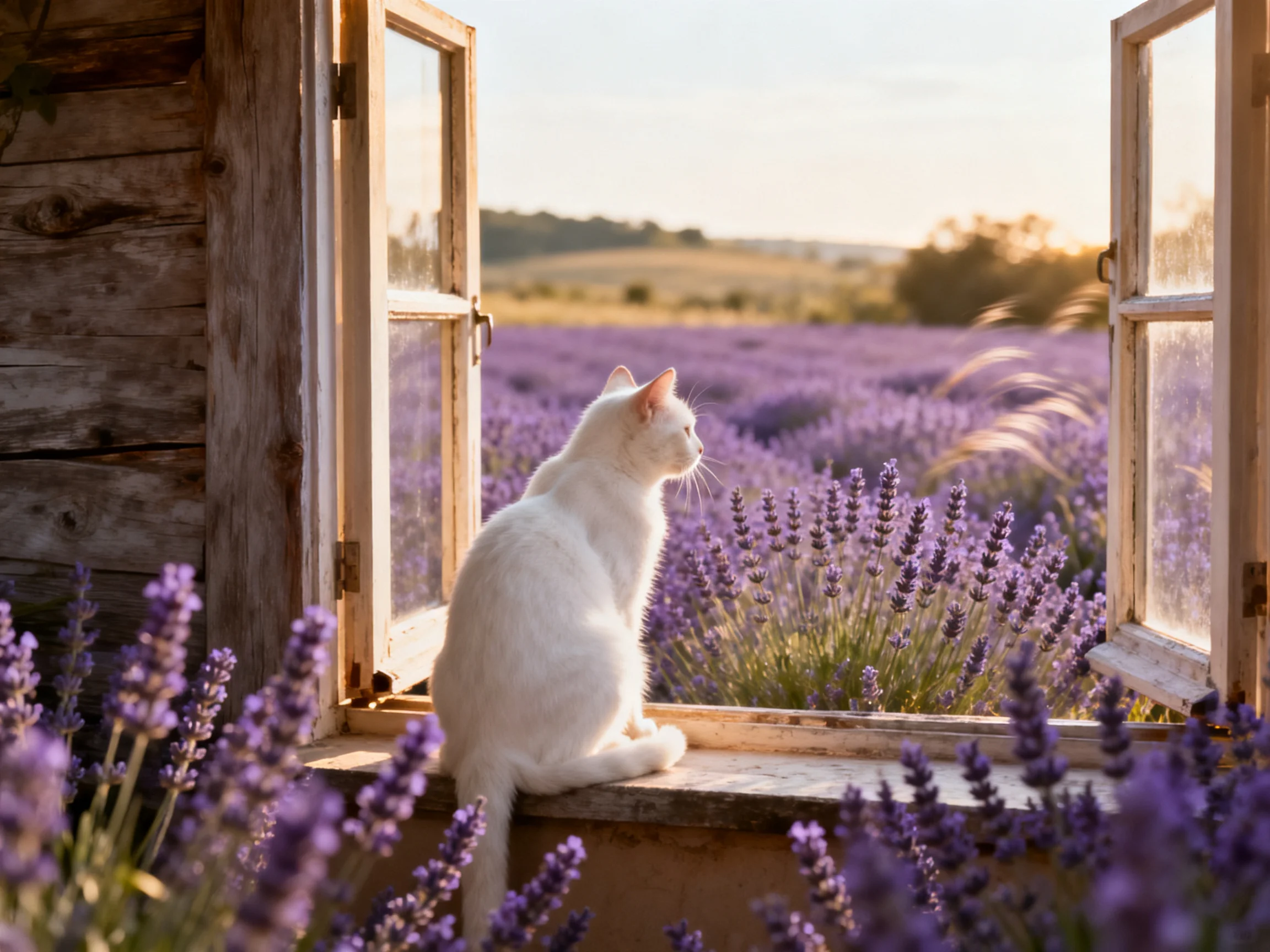 A white cat sits by an open wooden window overlooking a vast lavender field