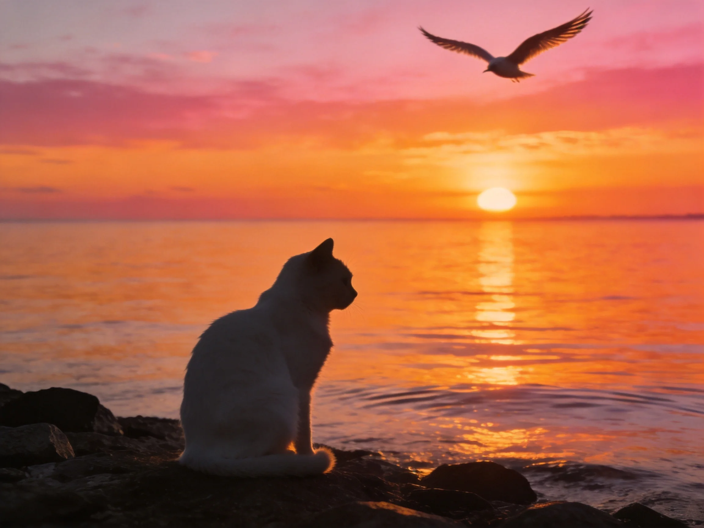 A white cat sits by rocky shore watching seagull under vibrant sunset