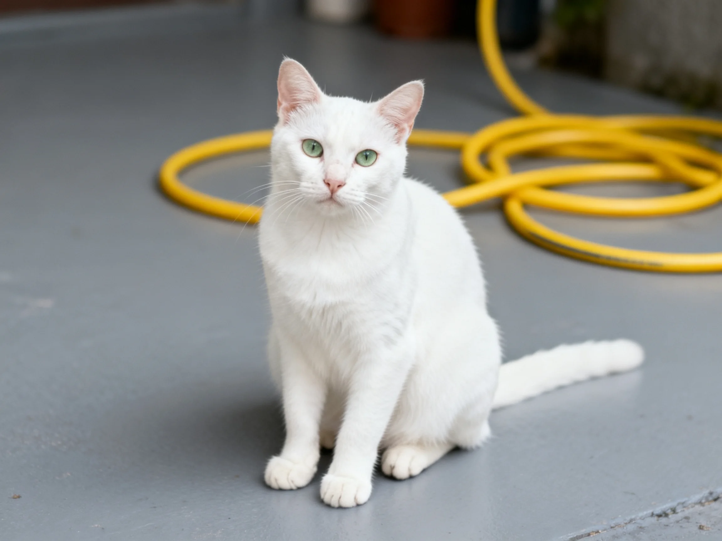 A white cat sits near coiled yellow hoses on a smooth gray floor