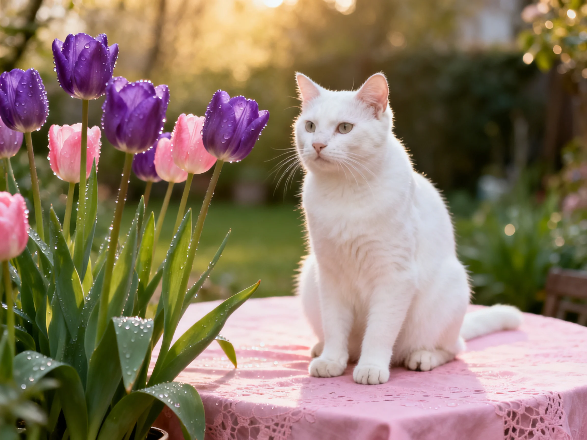 A white cat sits near colorful tulips on a pink surface in a sunlit garden.