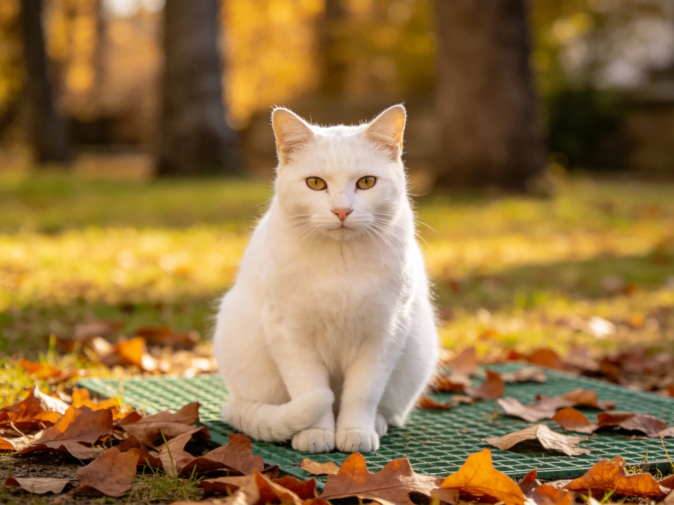 A white cat sits on a green mat among scattered autumn leaves