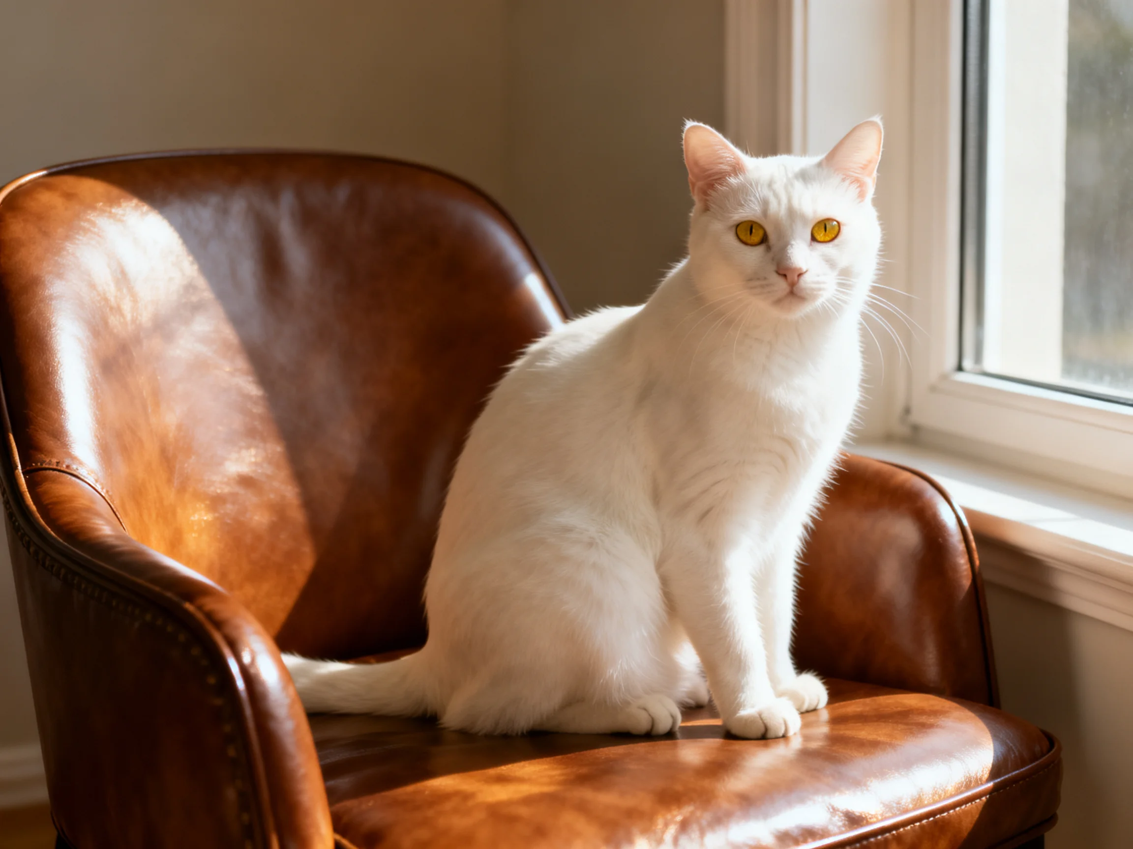 A white cat sits on a polished brown leather armchair by a sunlit window